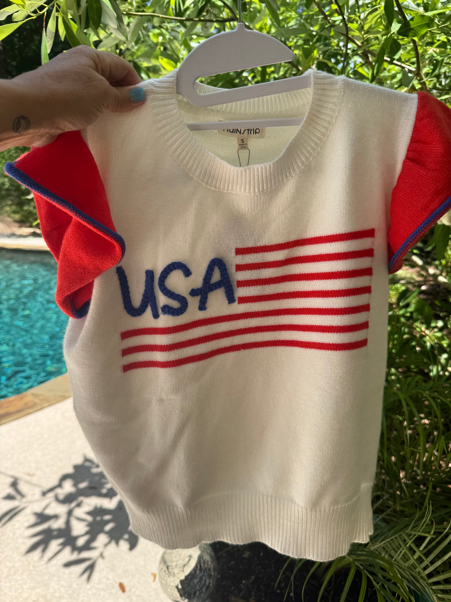 White flag USA knit top with ruffle flutter sleeves marked down