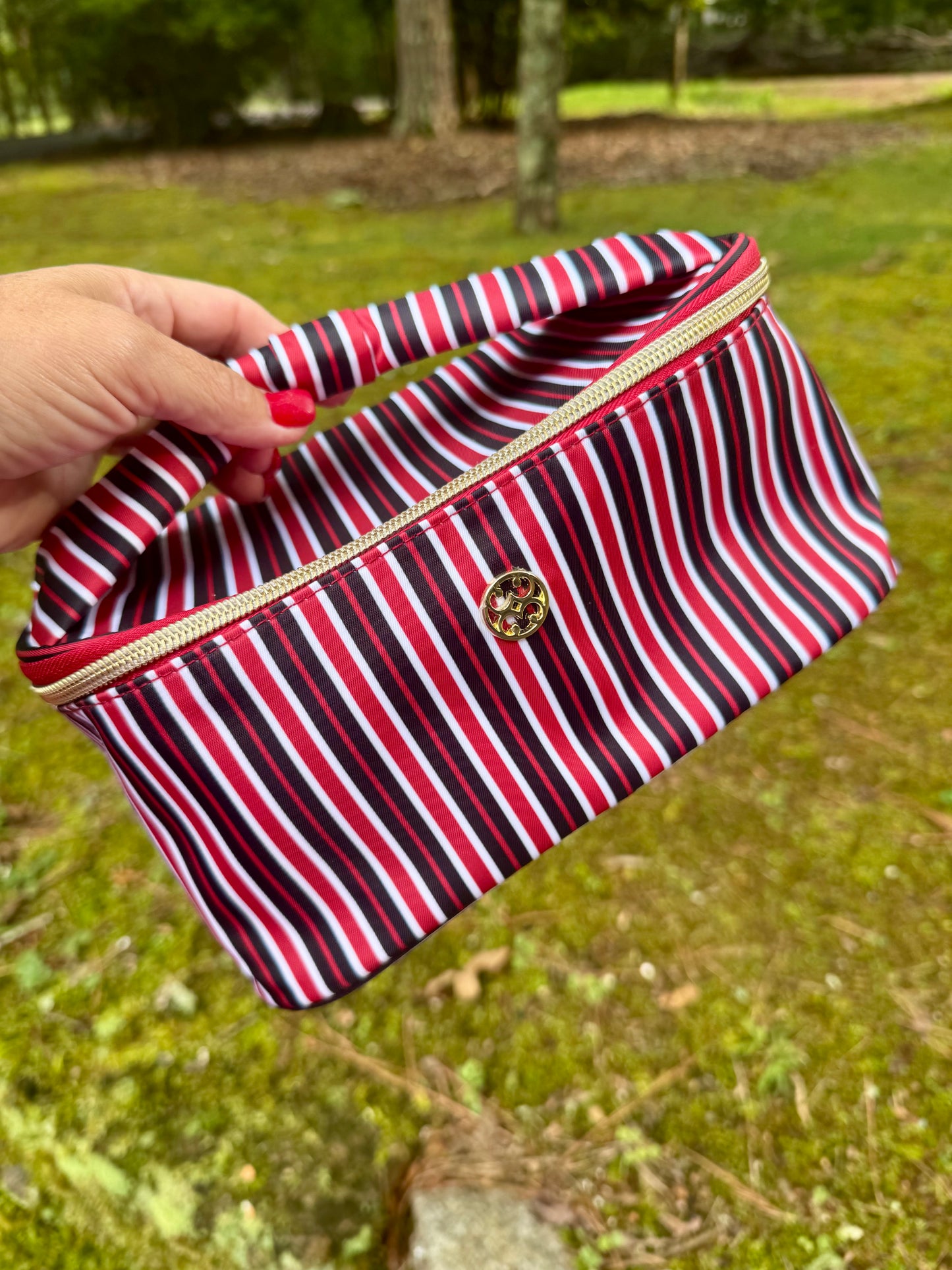 Red and black stripe cosmetic bag with bow handle!