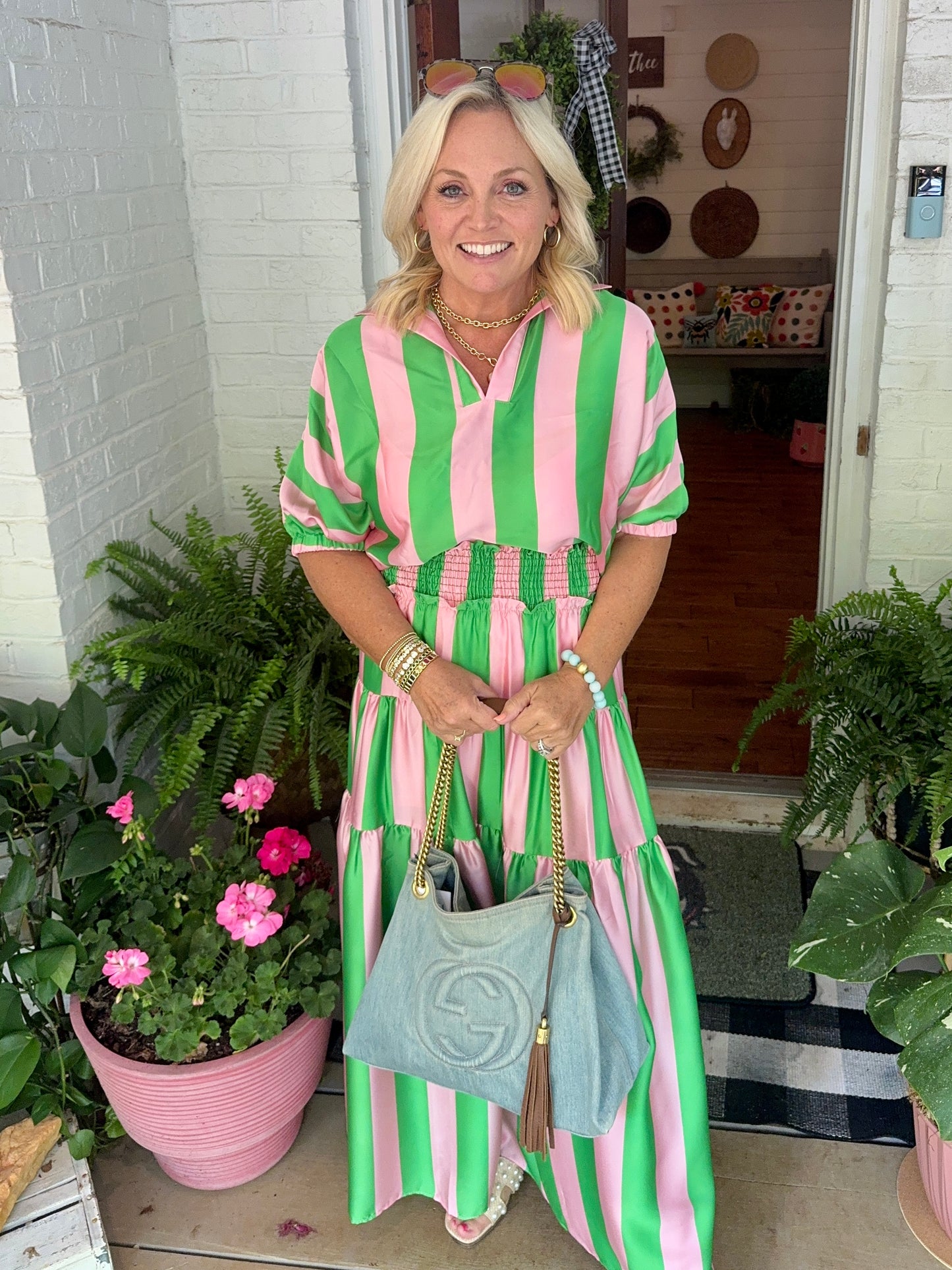 Summer top green and pink striped with collar marked down