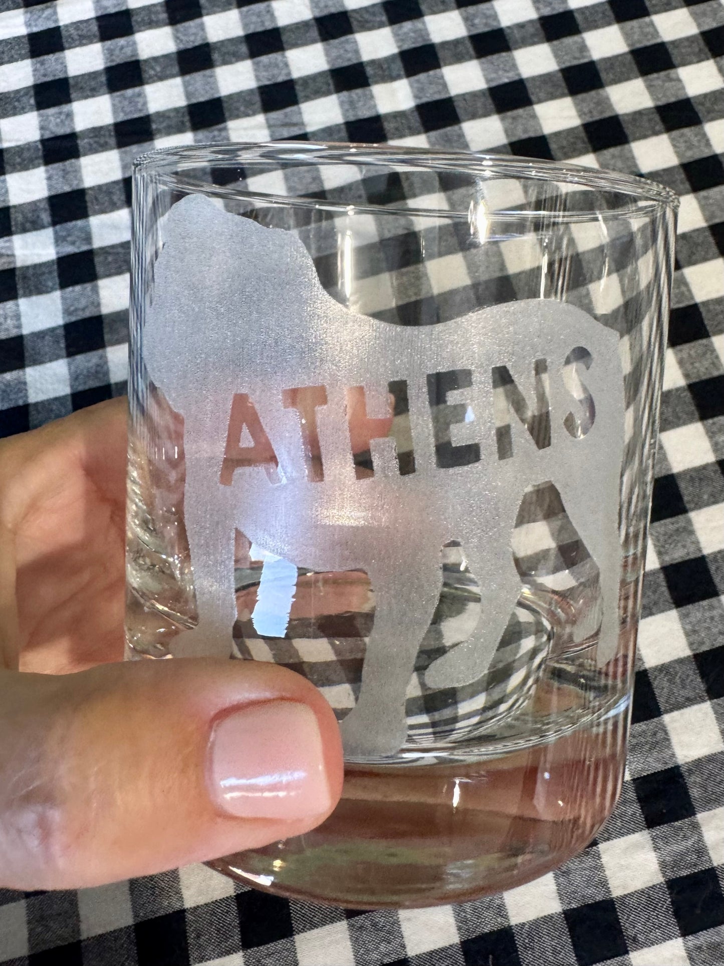 Athens bulldog whisky glass etched