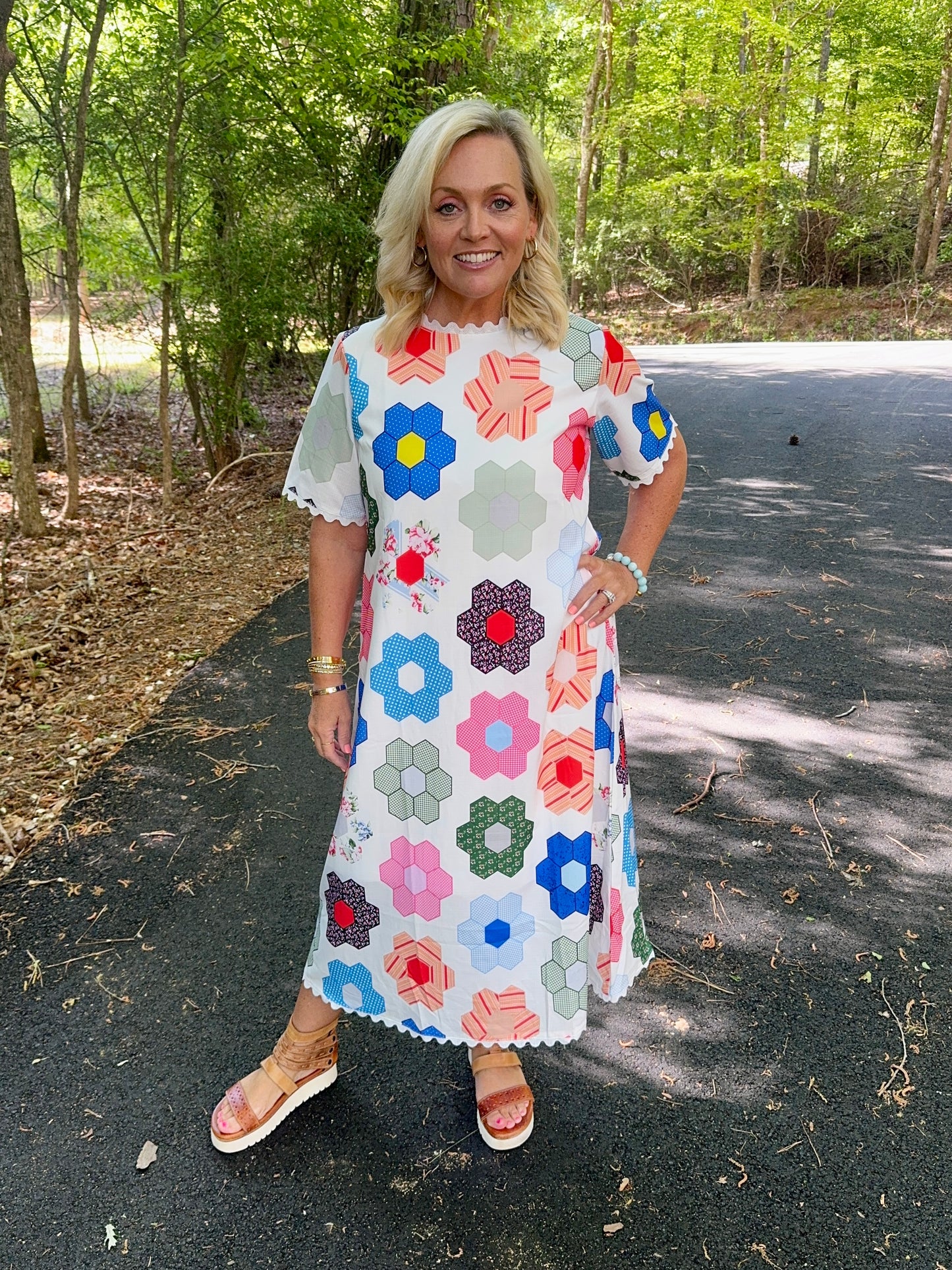 Maxi Summer dress geo quilt look loose fit with optional tie marked down