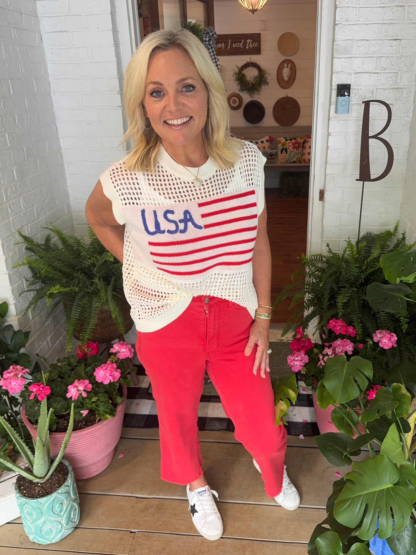 American flag light weight knit top sleeveless summer marked down