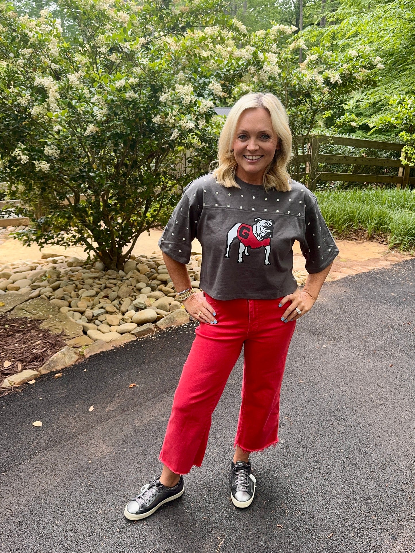 Cropped charcoal gray licensed bulldog top with rhinestones
