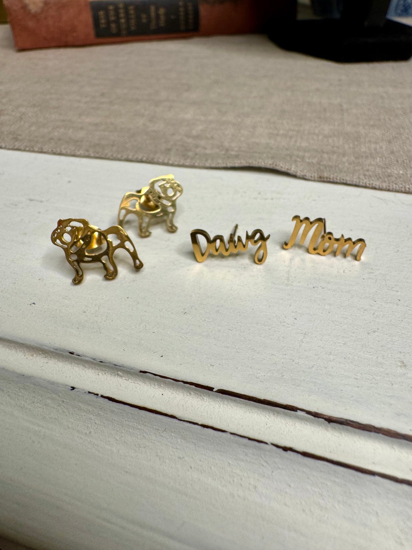 Gold stainless steel dog stud earrings game day football georgia
