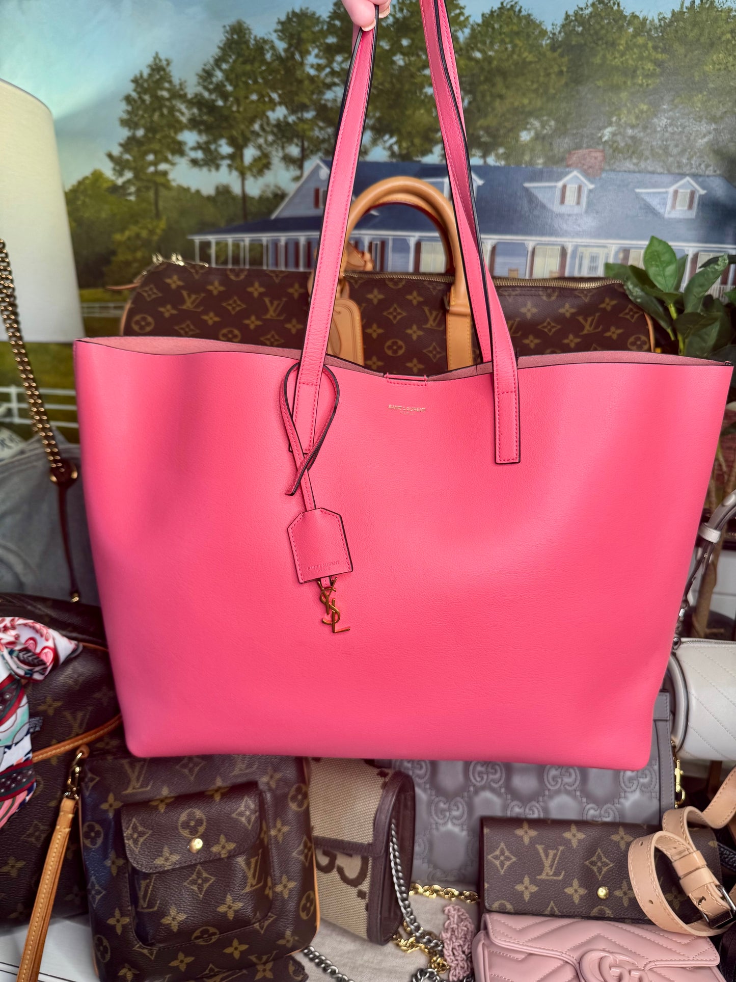 Saint Laurent pre loved pink leather shopper bag with clutch new ( store model)