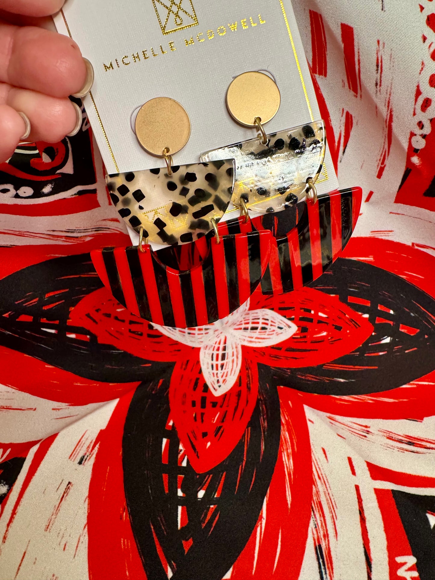 Acrylic red and black and gold dangle geo earrings