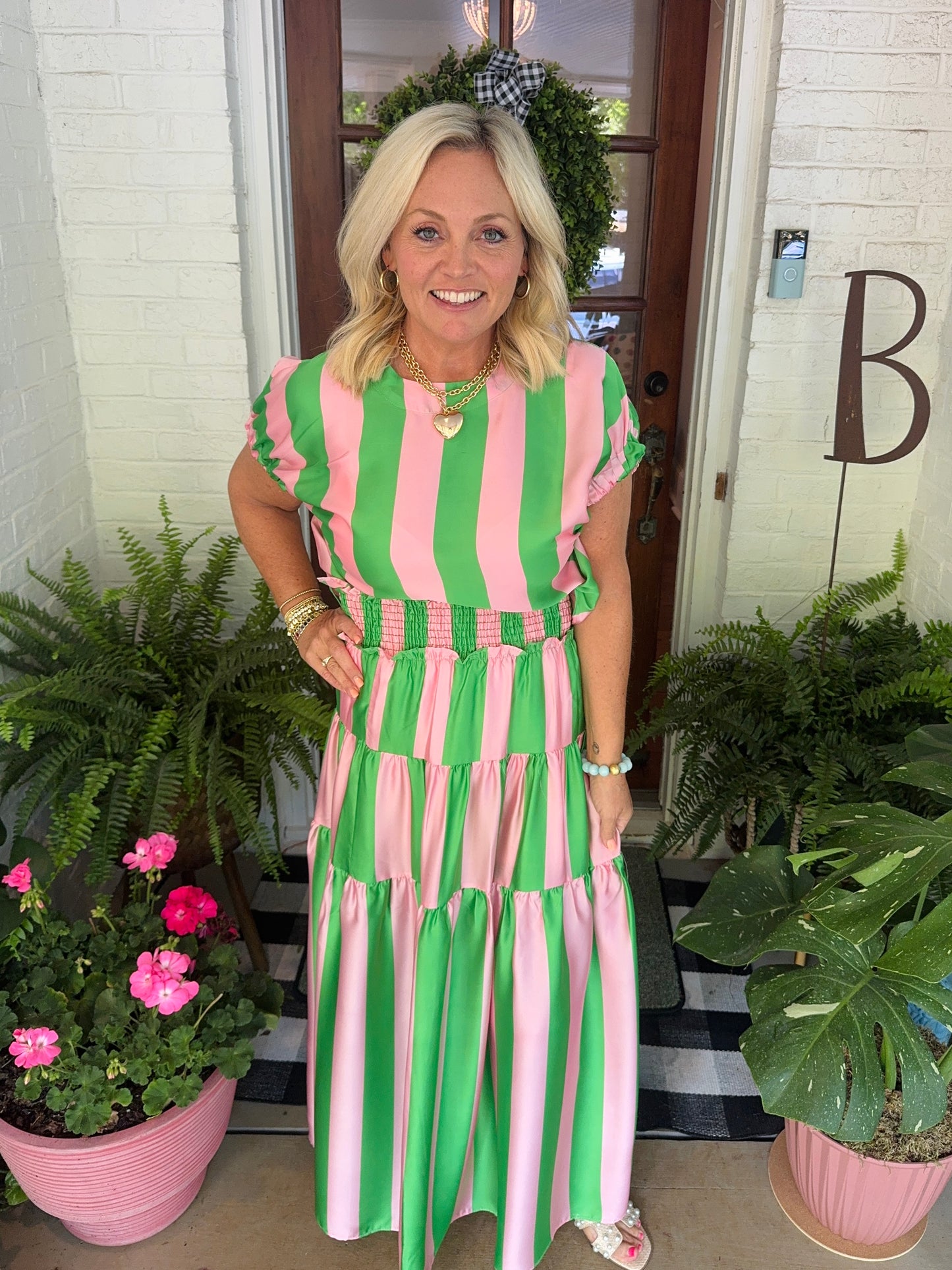 Summer green and pink striped top marked down