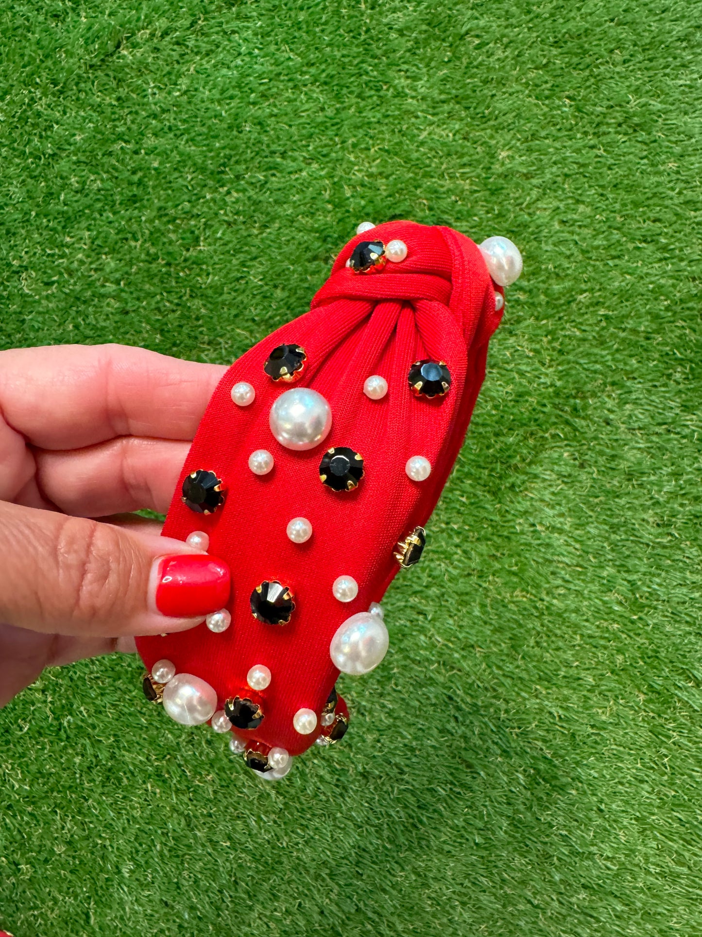 Red headband pearls and jewels