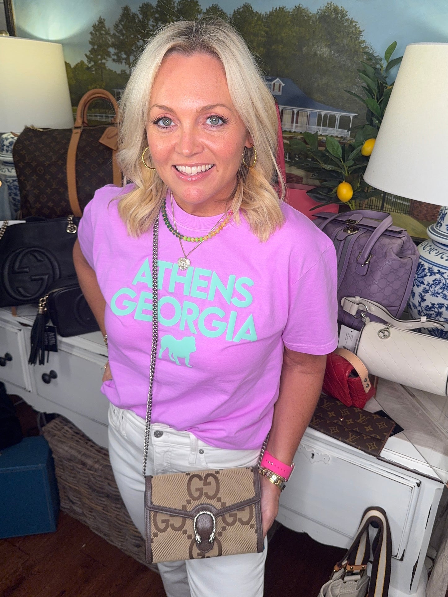 Bright lavender t shirt with turquoise Athens summer T-shirt