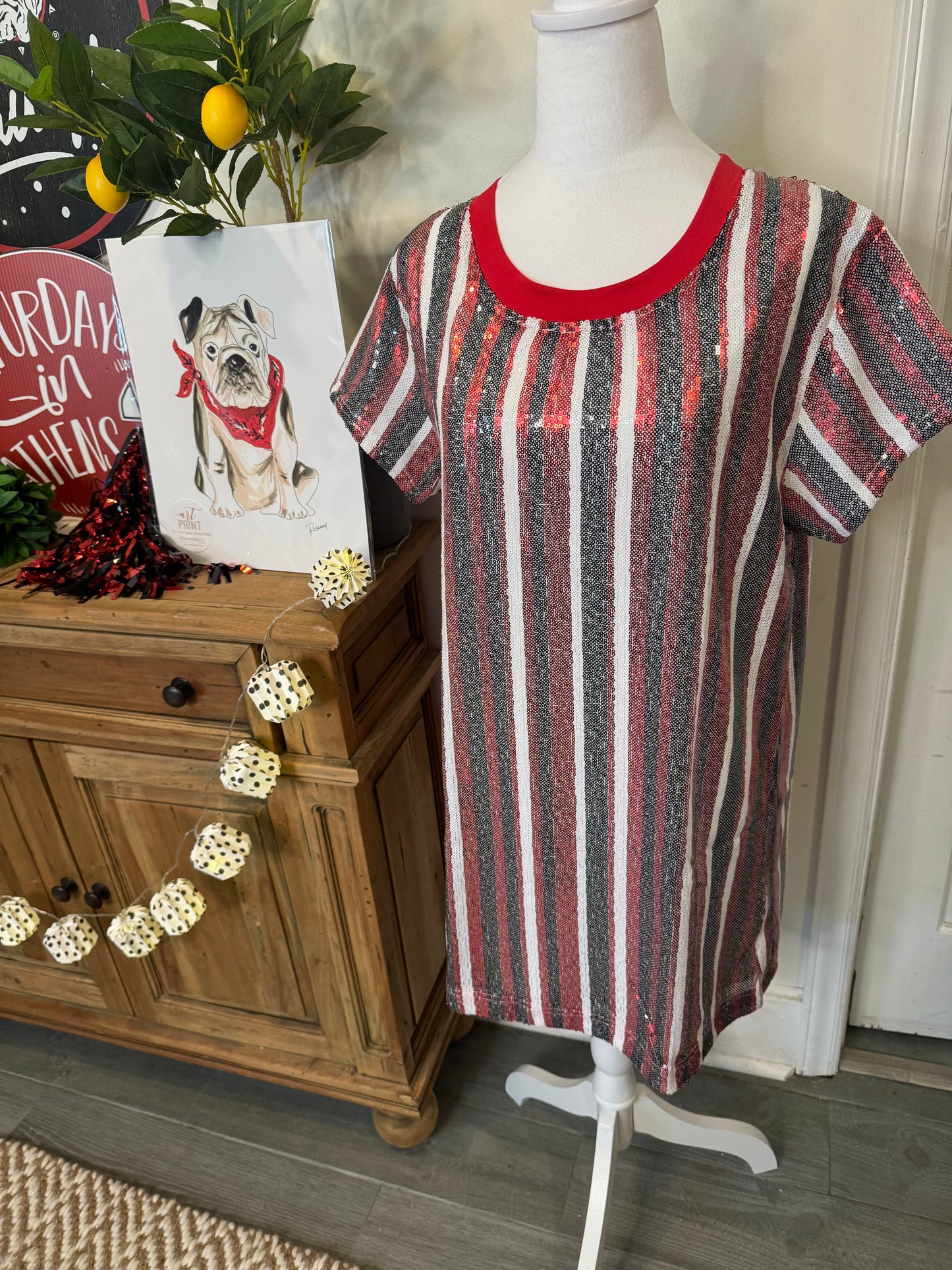 Sequin dress black and red stripe virtual marked way down