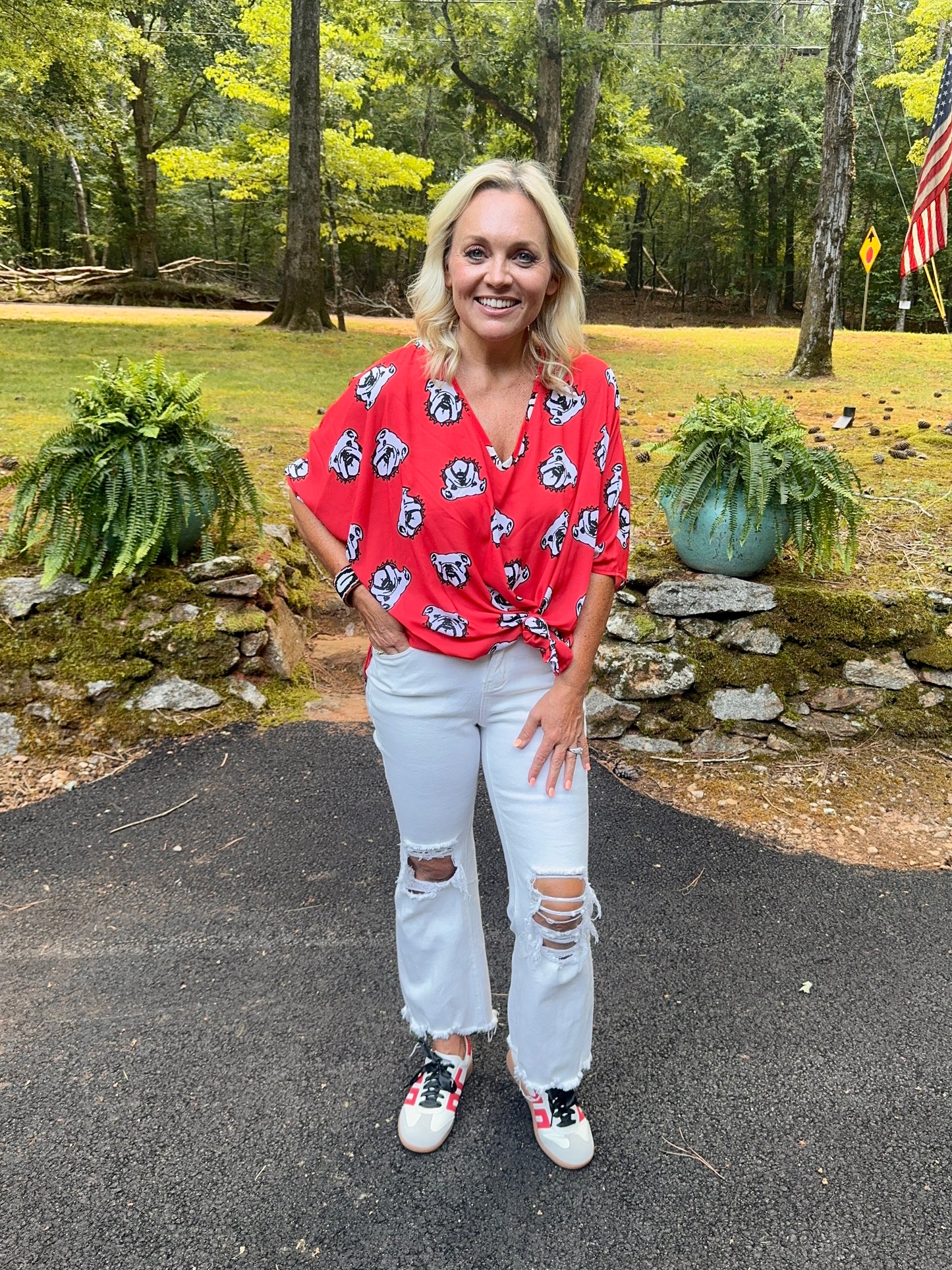 Flowy Red and black bulldog oversized top with sleeves