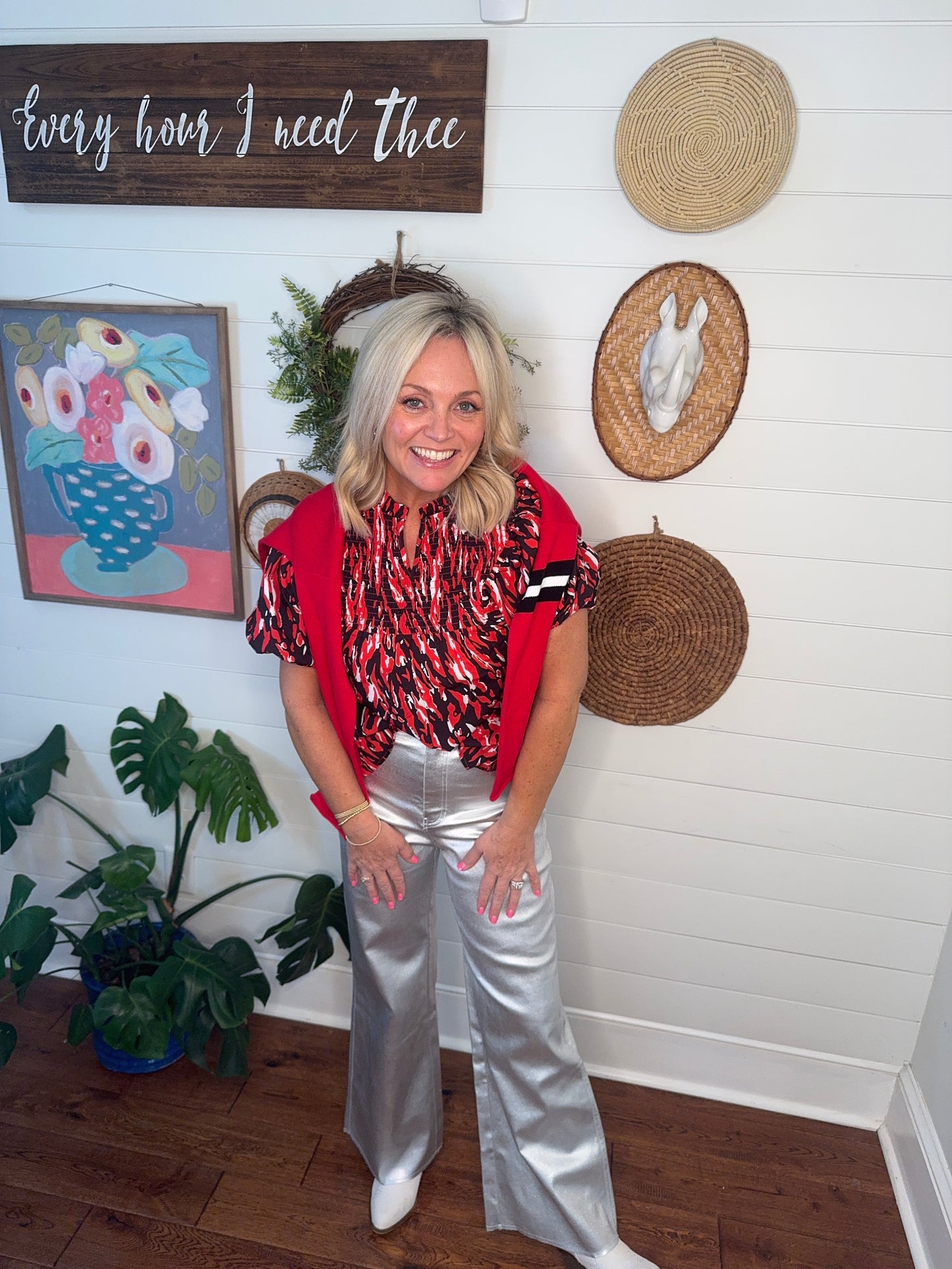 Stretch high rise wide leg cropped metalic silver