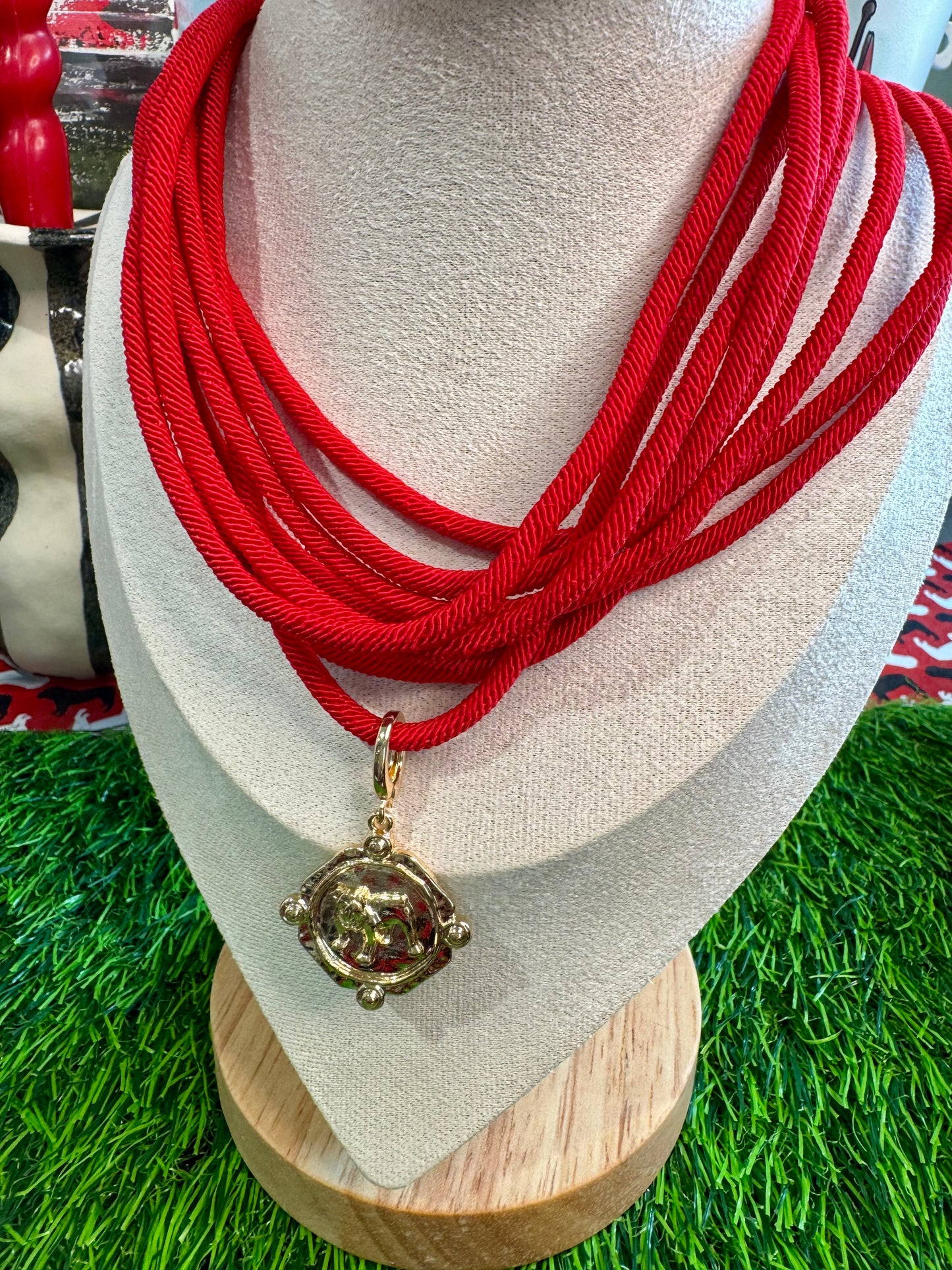 Black or red rope necklace with bulldog medallion charm