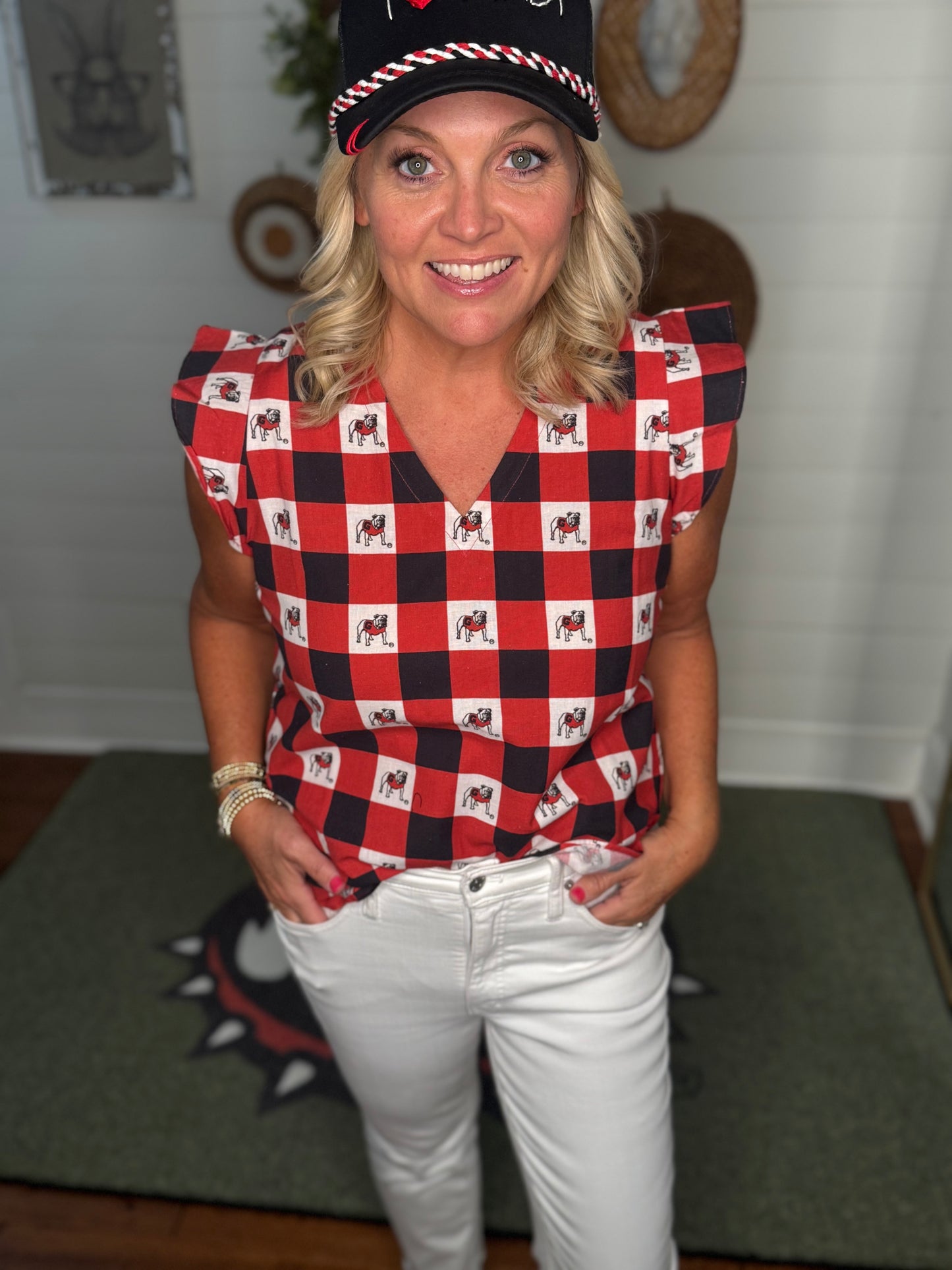 New Gingham ruffle top licensed bulldog