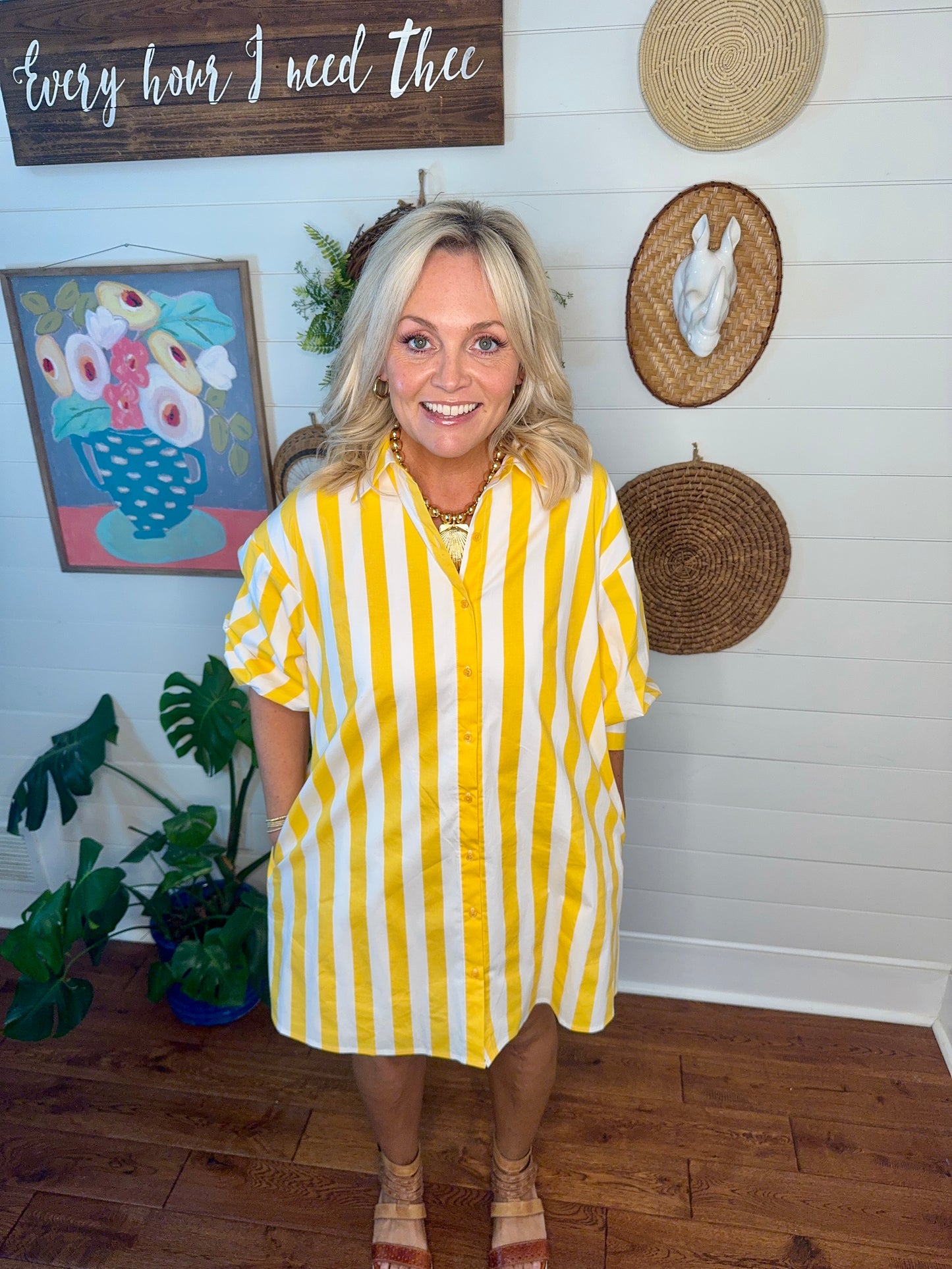 yellow stripe dress with pockets spring summer marked down