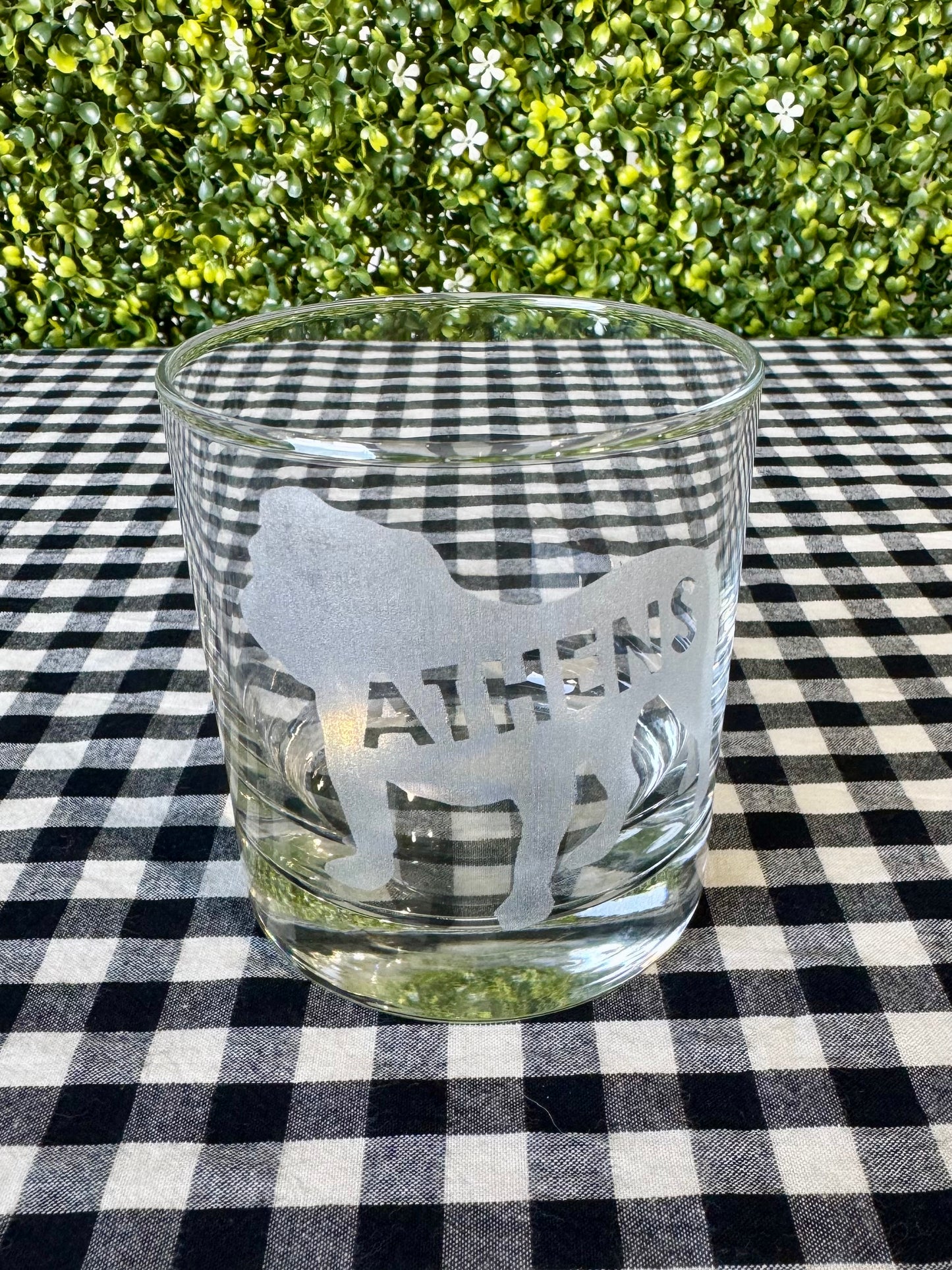 Athens bulldog whisky glass etched