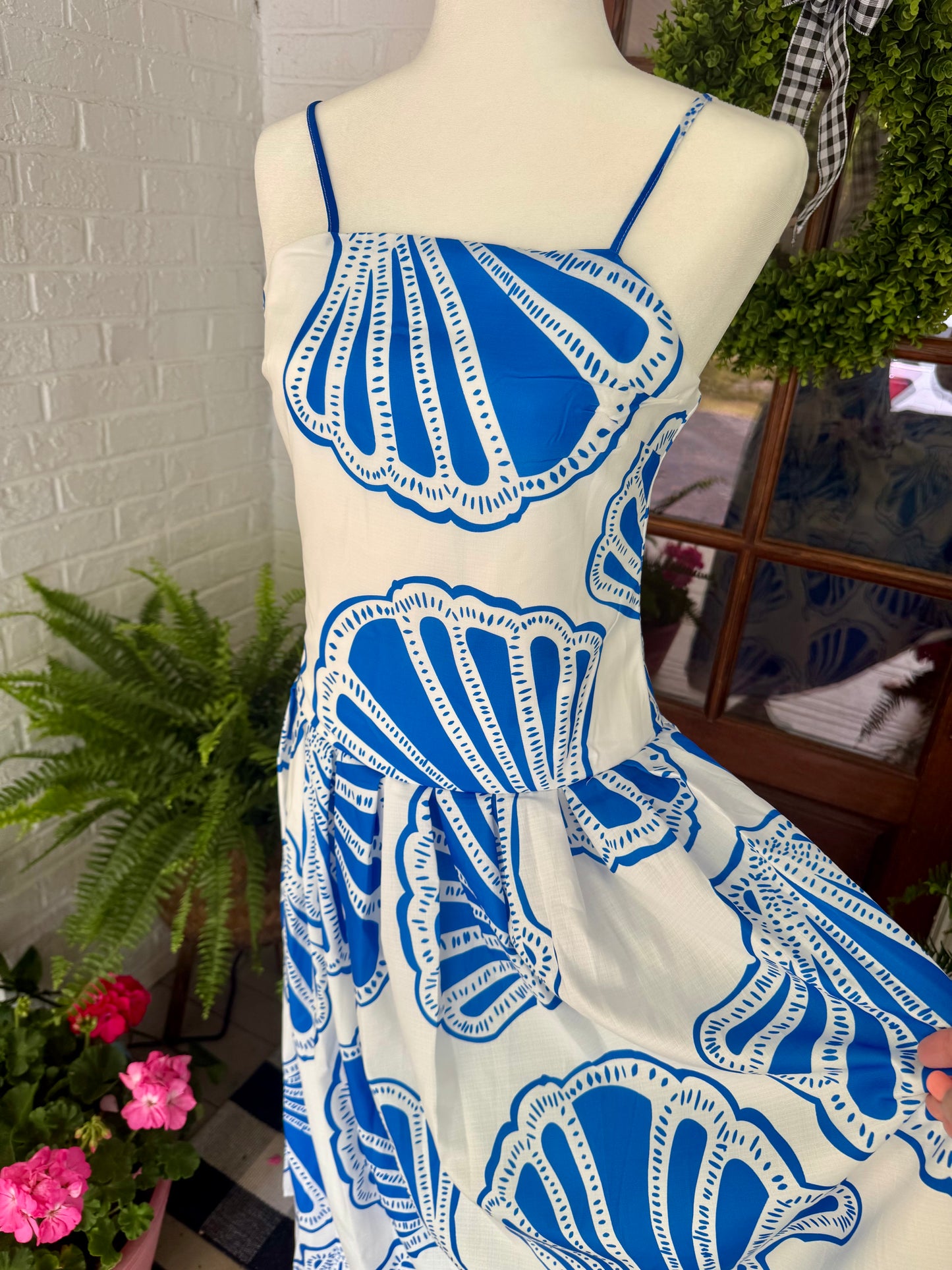 Summer long maxi dress blue and white shell marked down
