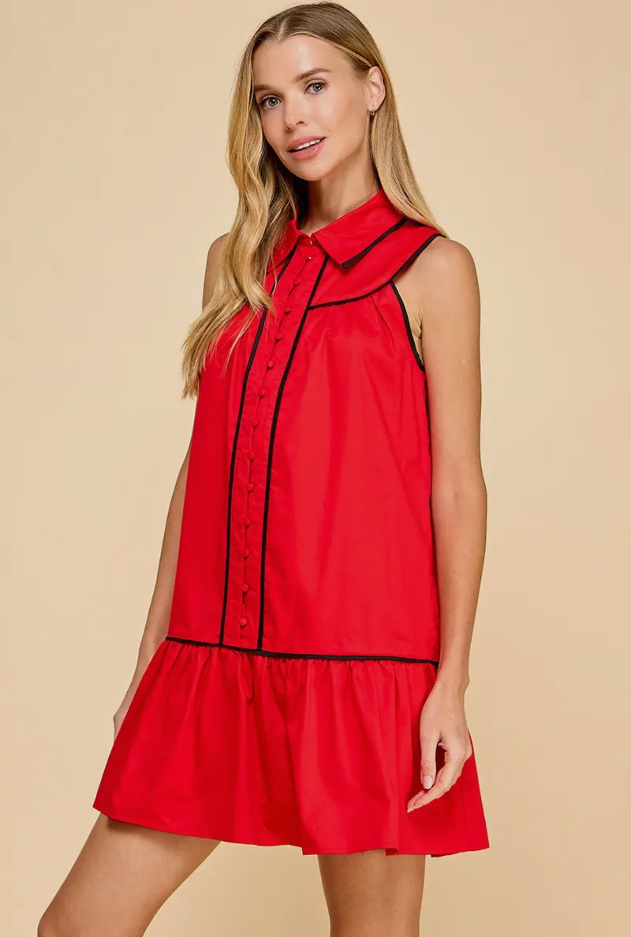 Collared shirt dress red with black trim
