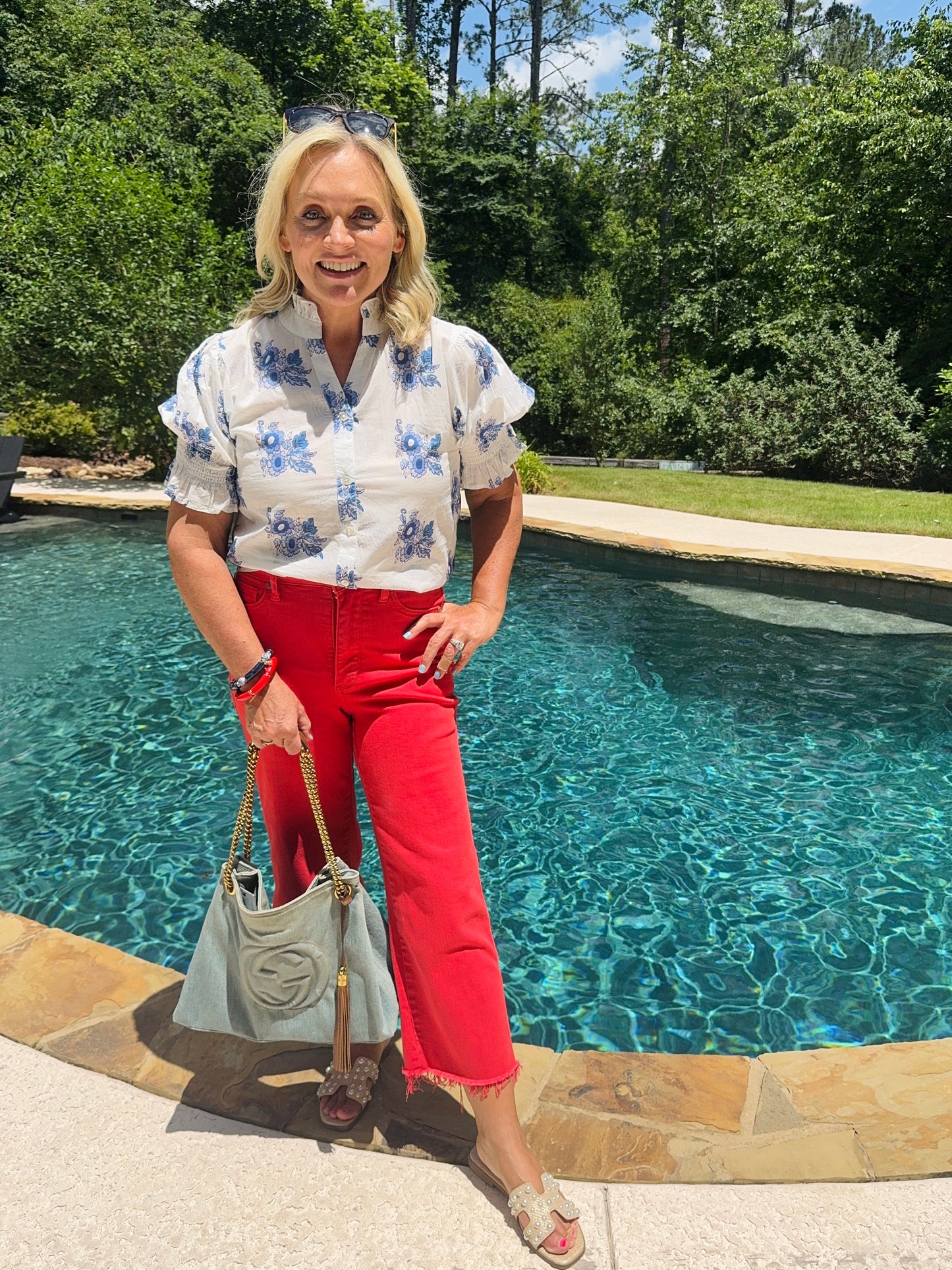 Blue and white floral summer blouse marked down