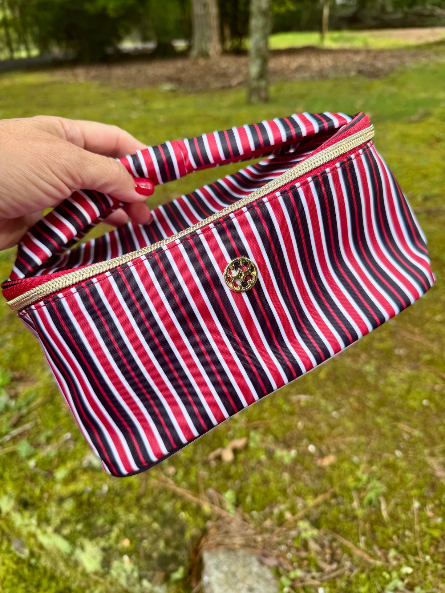 Red and black stripe cosmetic bag with bow handle!