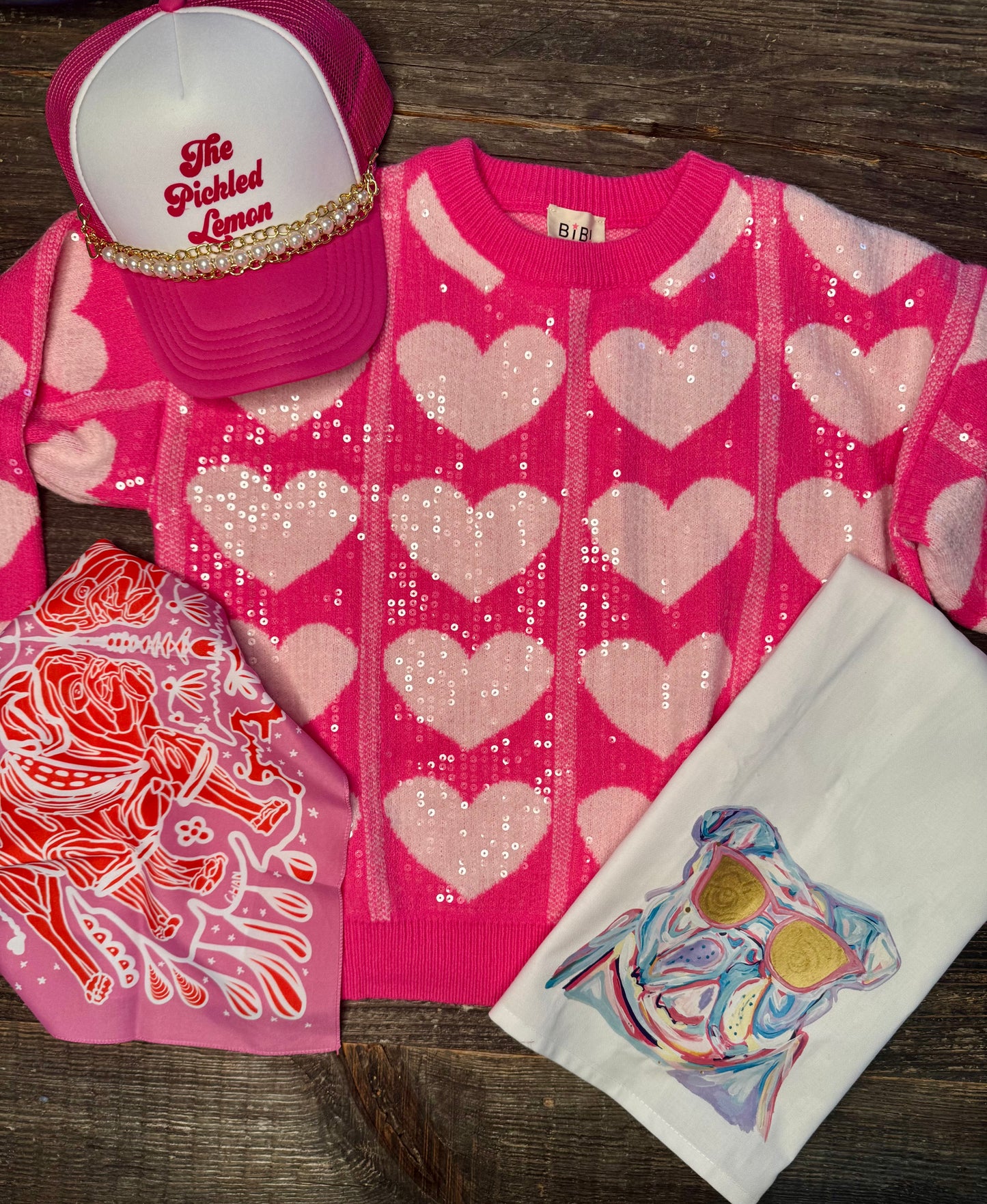 Pink sequin heart sweater warehouse clearance sale marked down