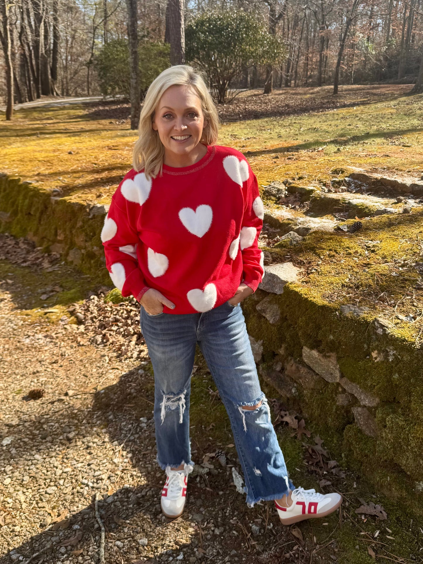 Valentine’s Day sweater red with white hearts marked down