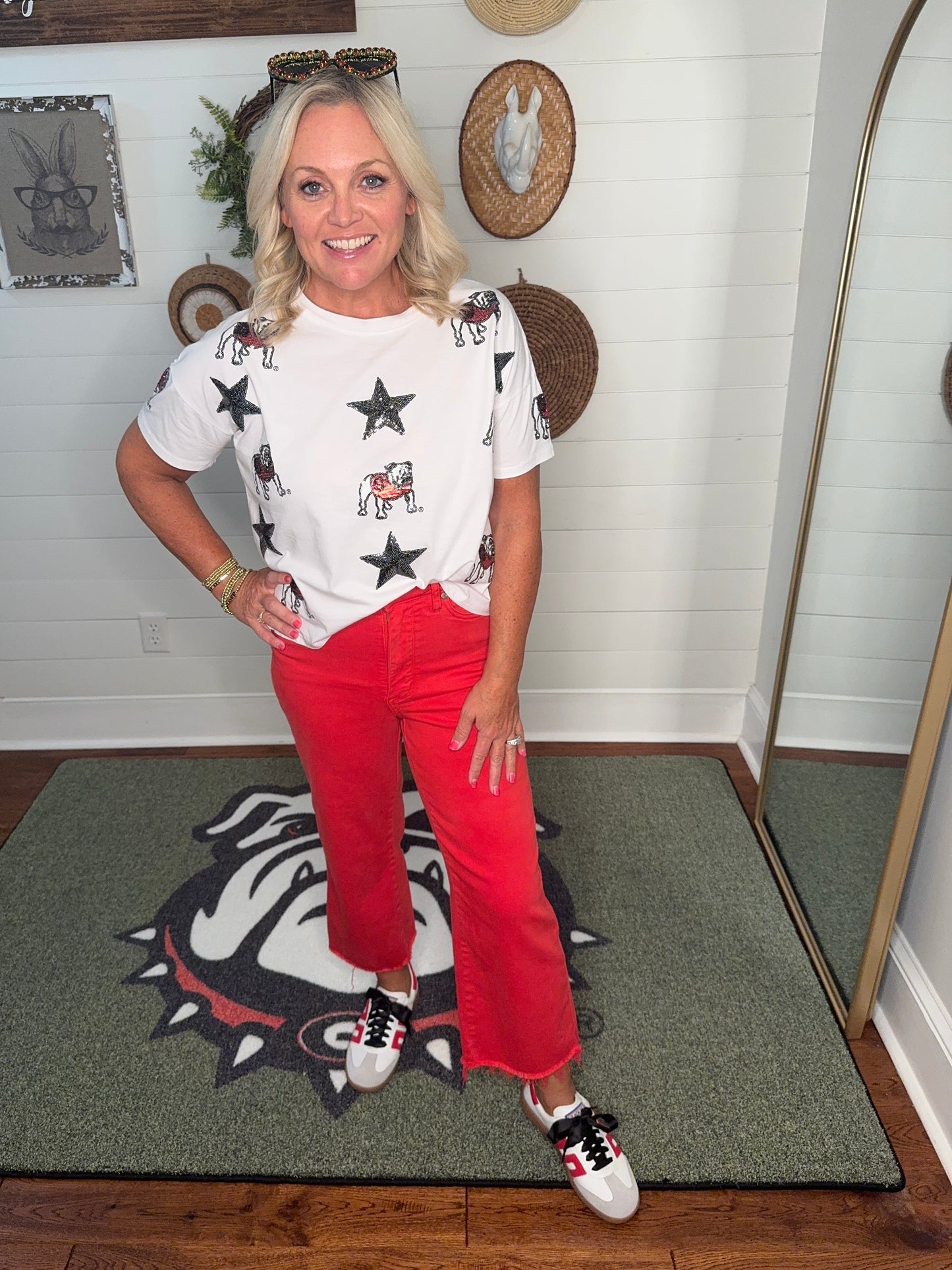 New White boxy tee with all over sequin bulldog licensed