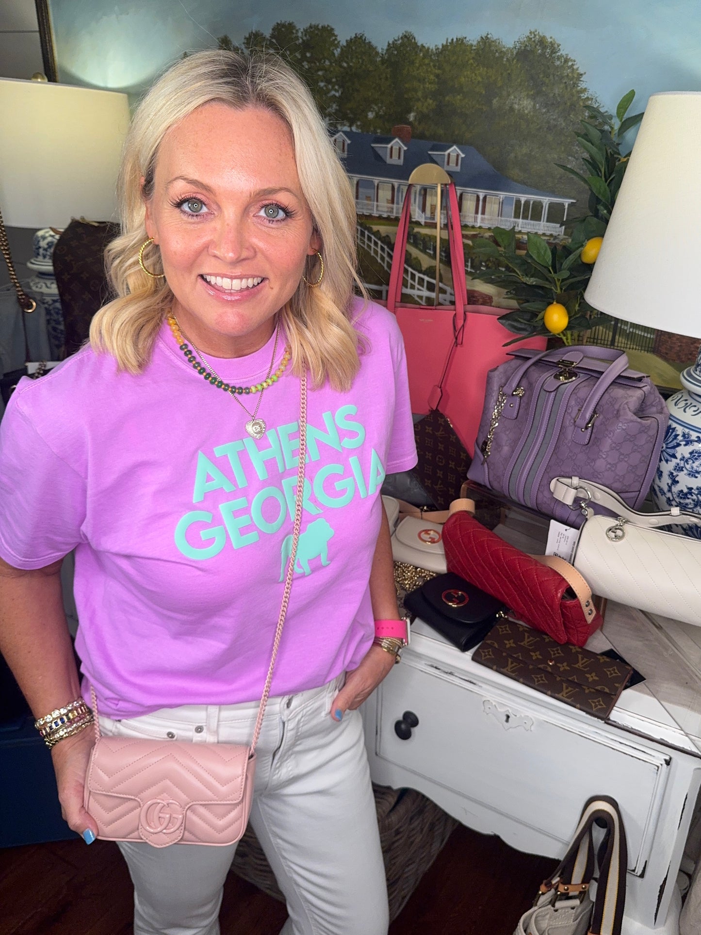 Bright lavender t shirt with turquoise Athens summer T-shirt