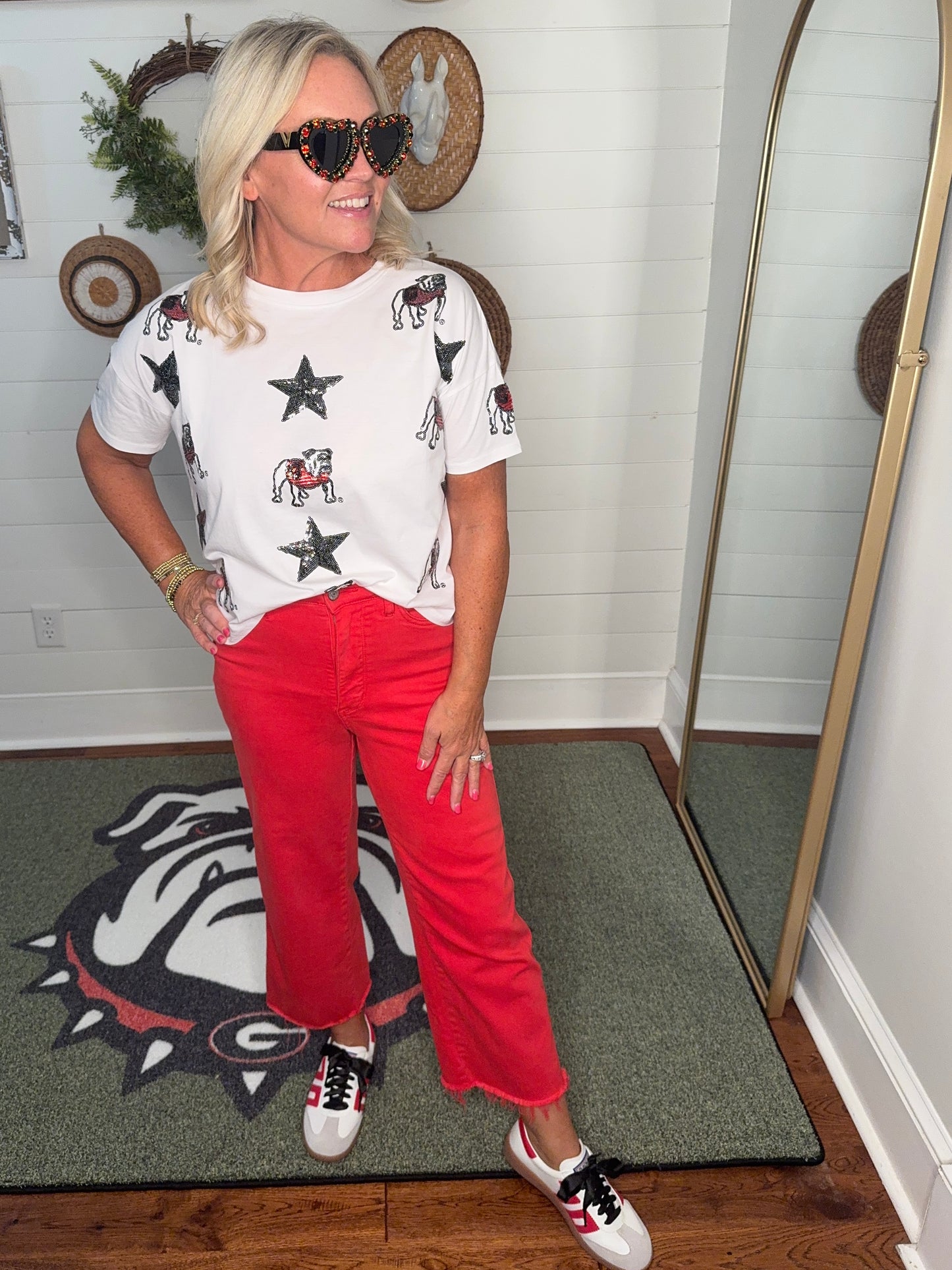 New White boxy tee with all over sequin bulldog licensed