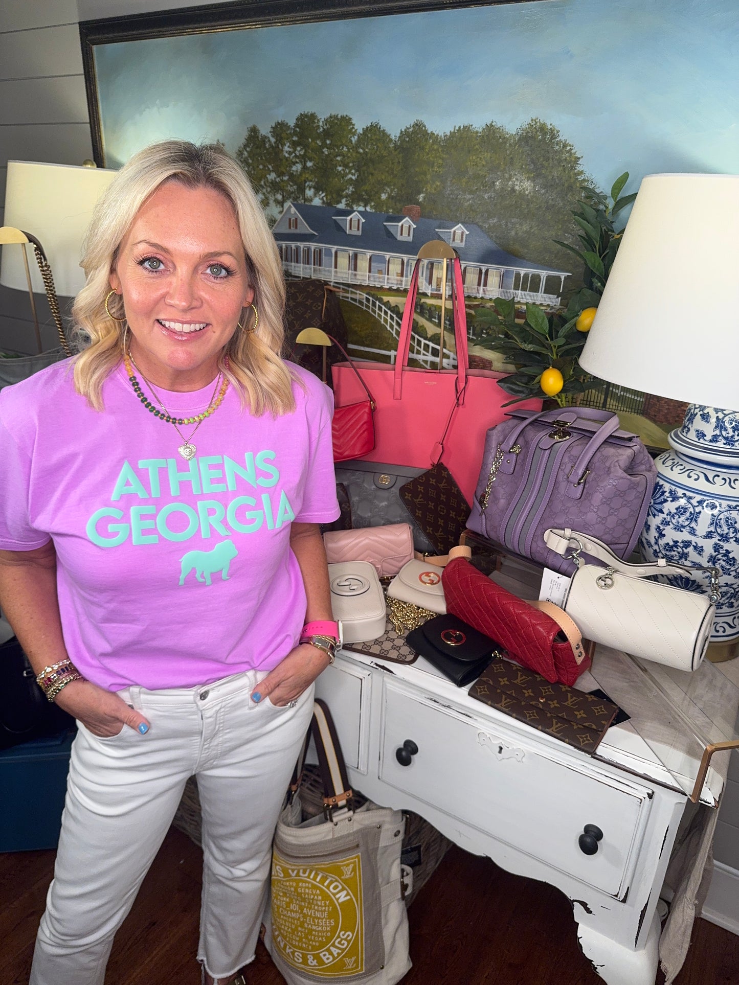 Bright lavender t shirt with turquoise Athens summer T-shirt