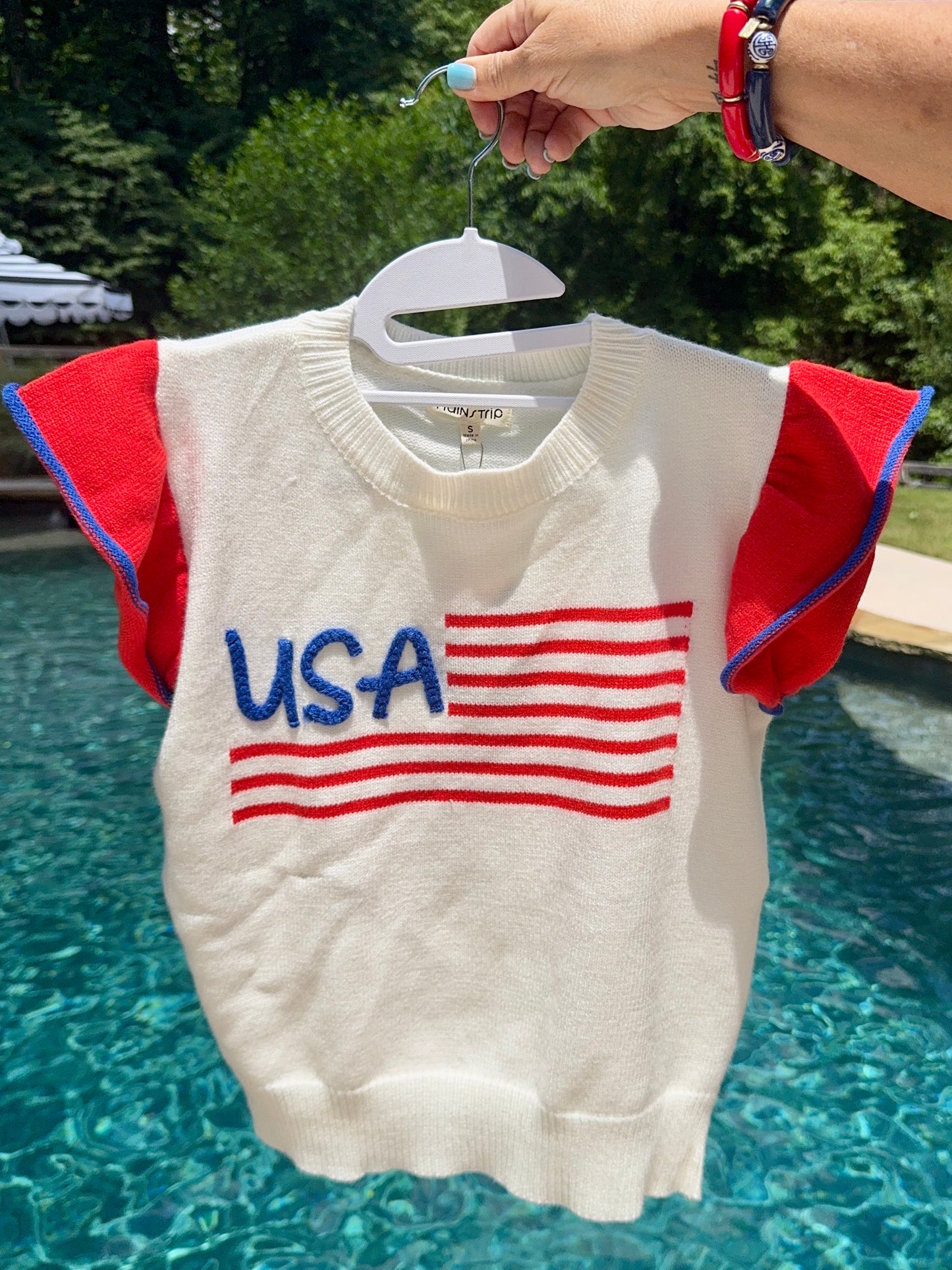 White flag USA knit top with ruffle flutter sleeves marked down