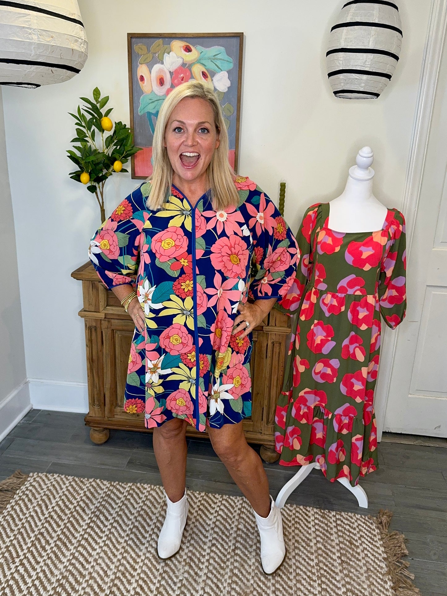 bold navy floral boho mini dress marked down