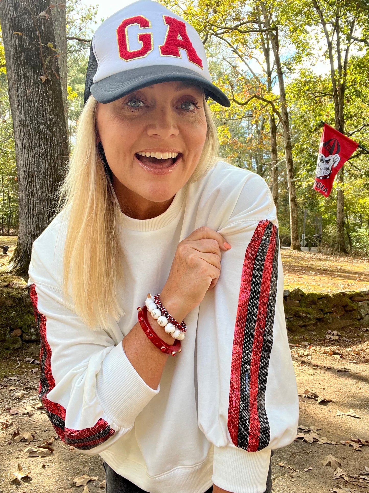 Boutique luxury white sweatshirt red and black sequin sleeves new lower price