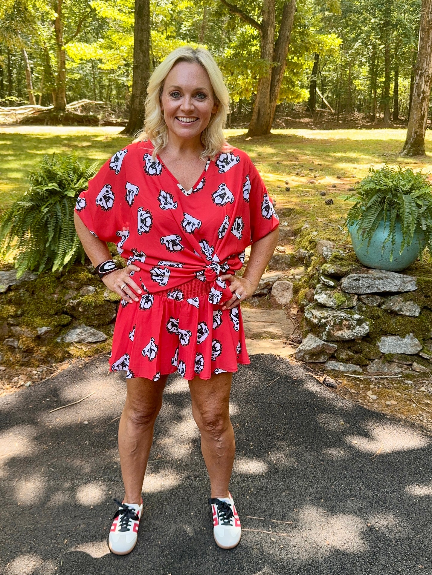 Red flowy shorts dog red black