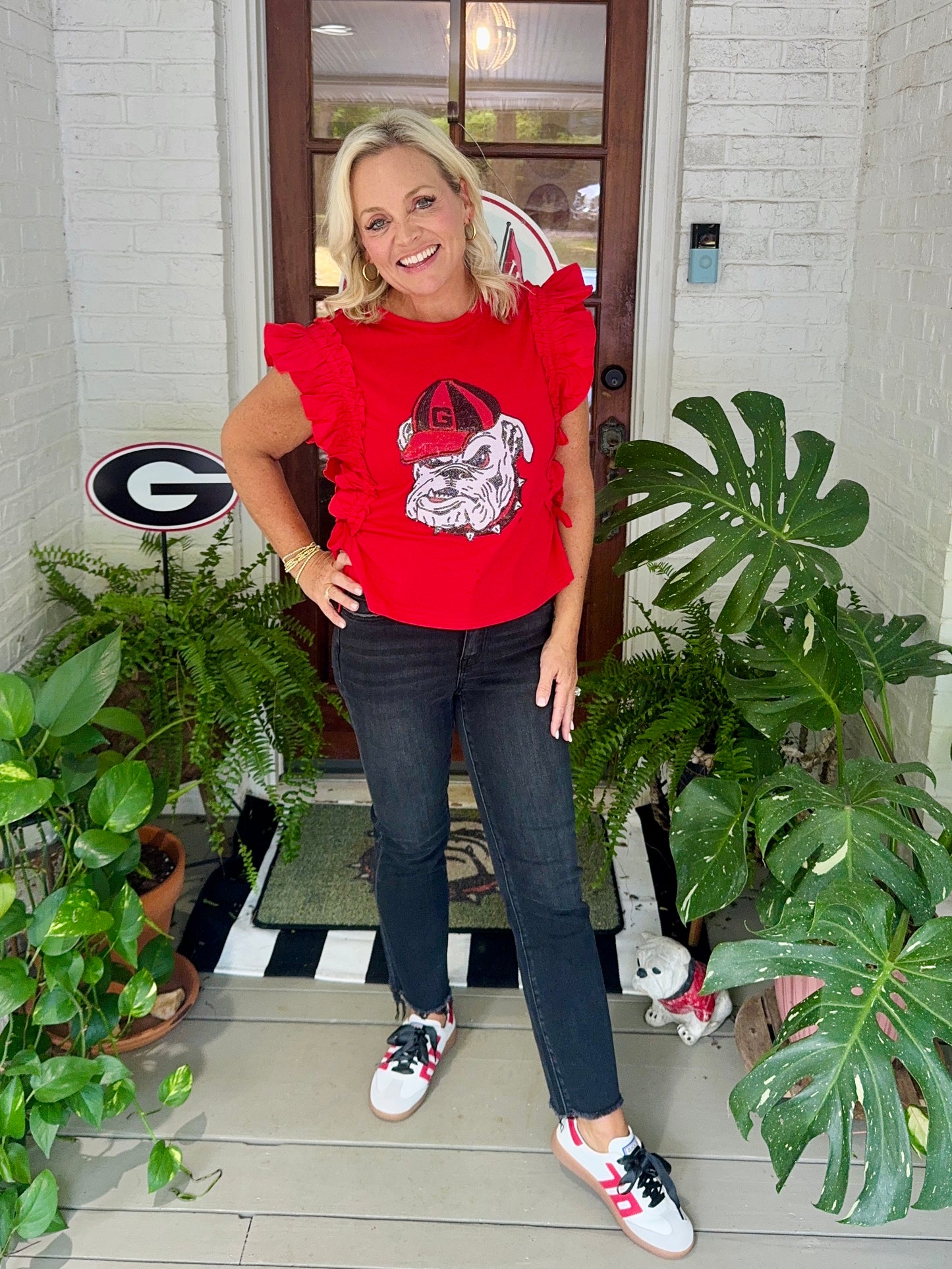 Ruffle Red top licensed with bulldog