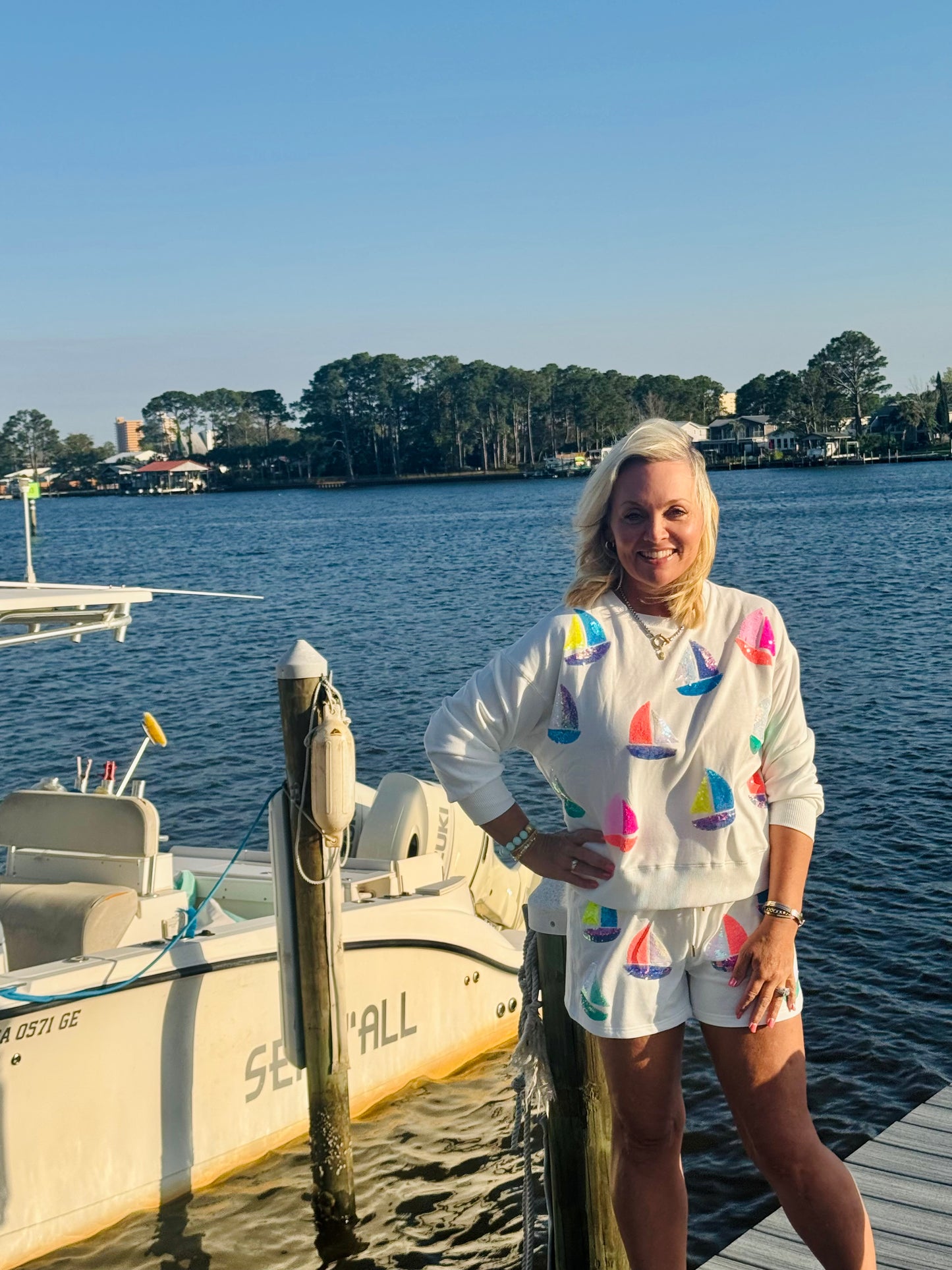 Sequin sailboat short and sweatshirt set marked down