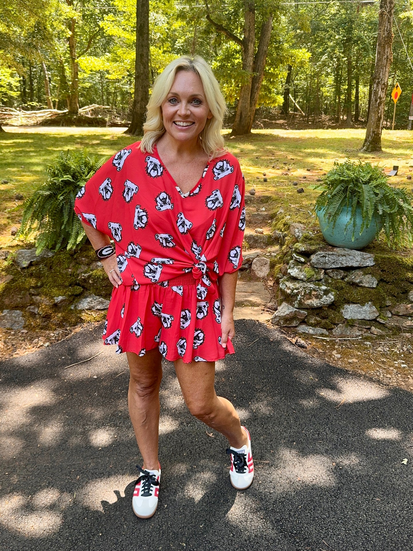 Red flowy shorts dog red black