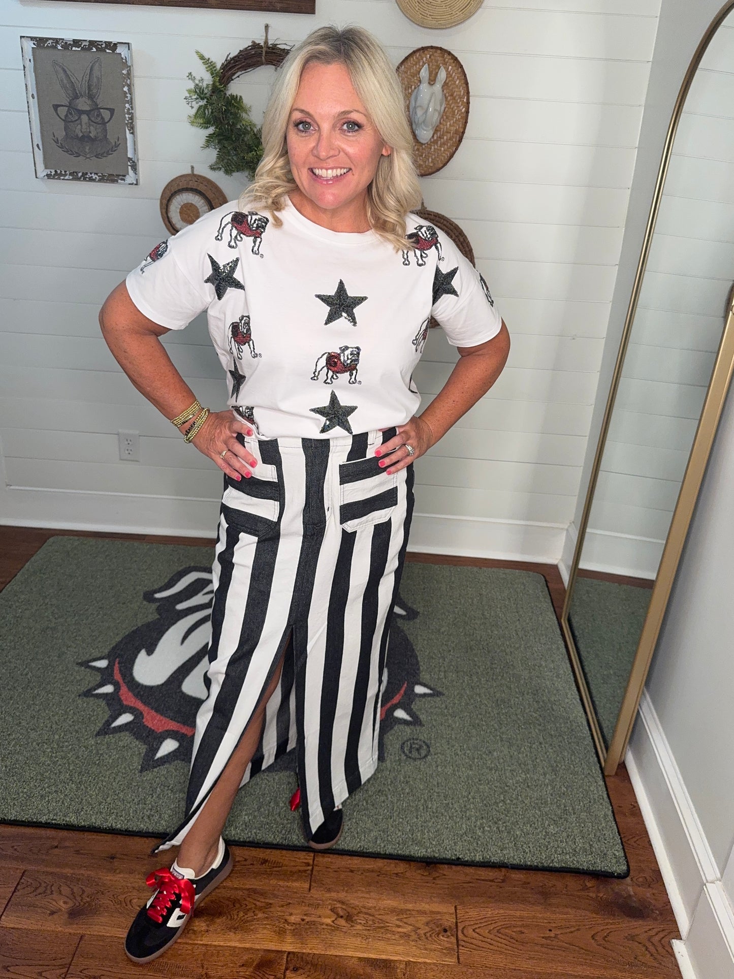 New Black and white striped long skirt with slit