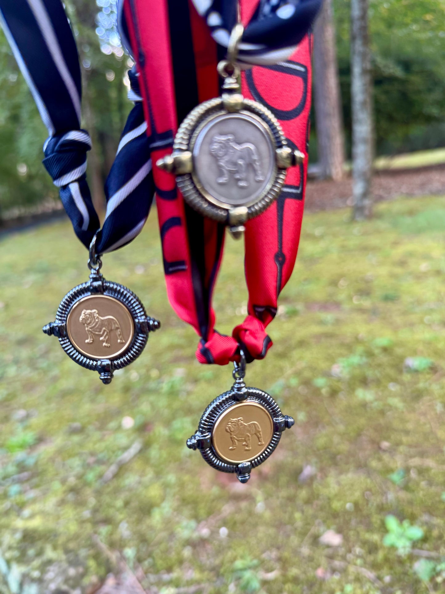 Scarf necklace with gold/brass bulldog coin charm or Silver charm