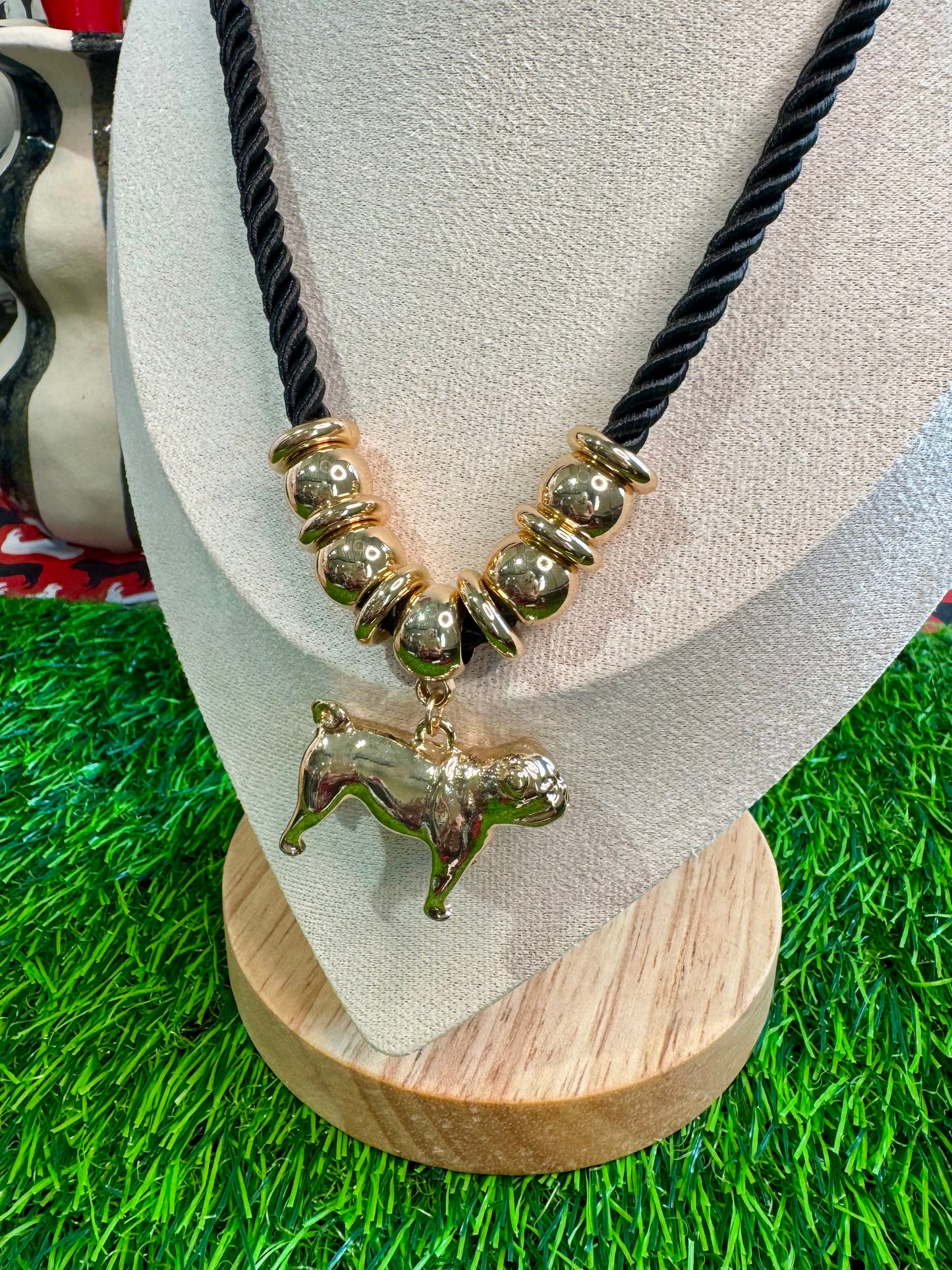 Rope necklace black with full body bulldog charm