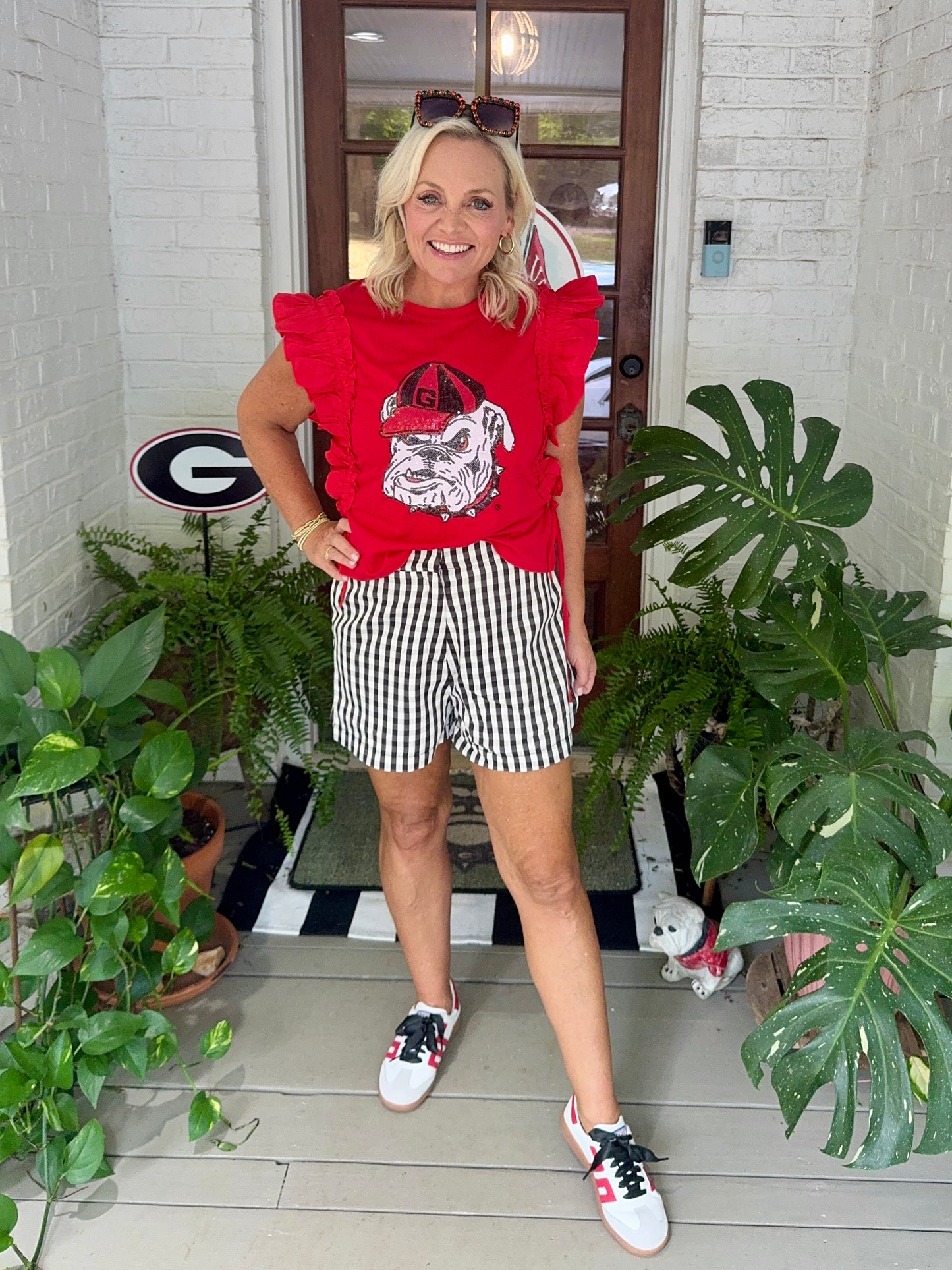 Ruffle Red top licensed with bulldog