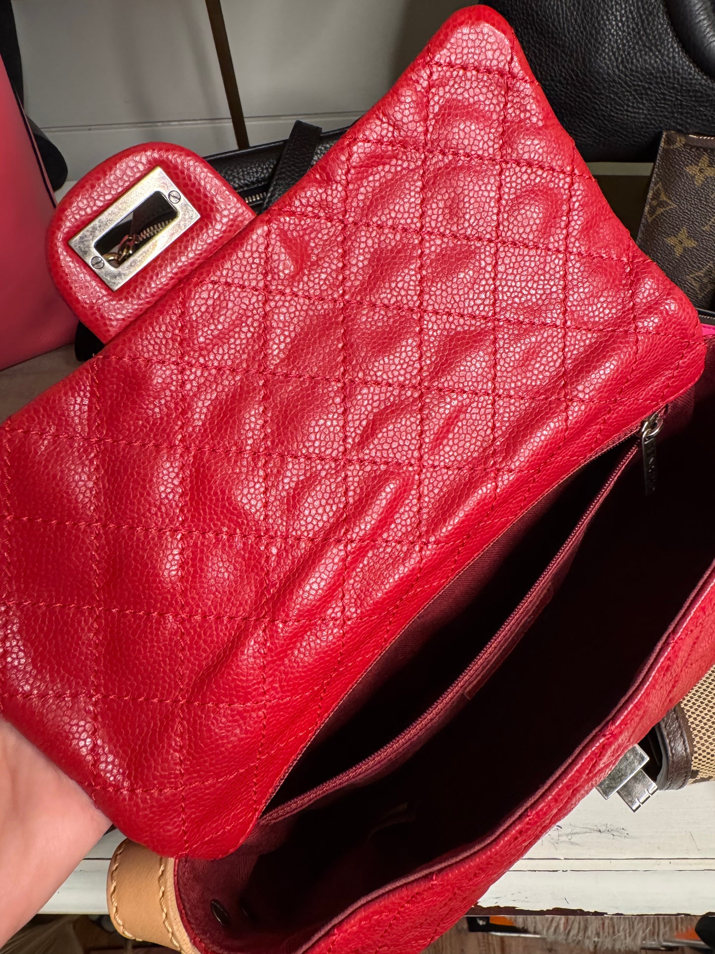 pre loved Chanel Red Hishige Caviar Shoulder Bag Silver Shoulder Back Bag Red Shoulder Bag Caviar (grained Calf) AB