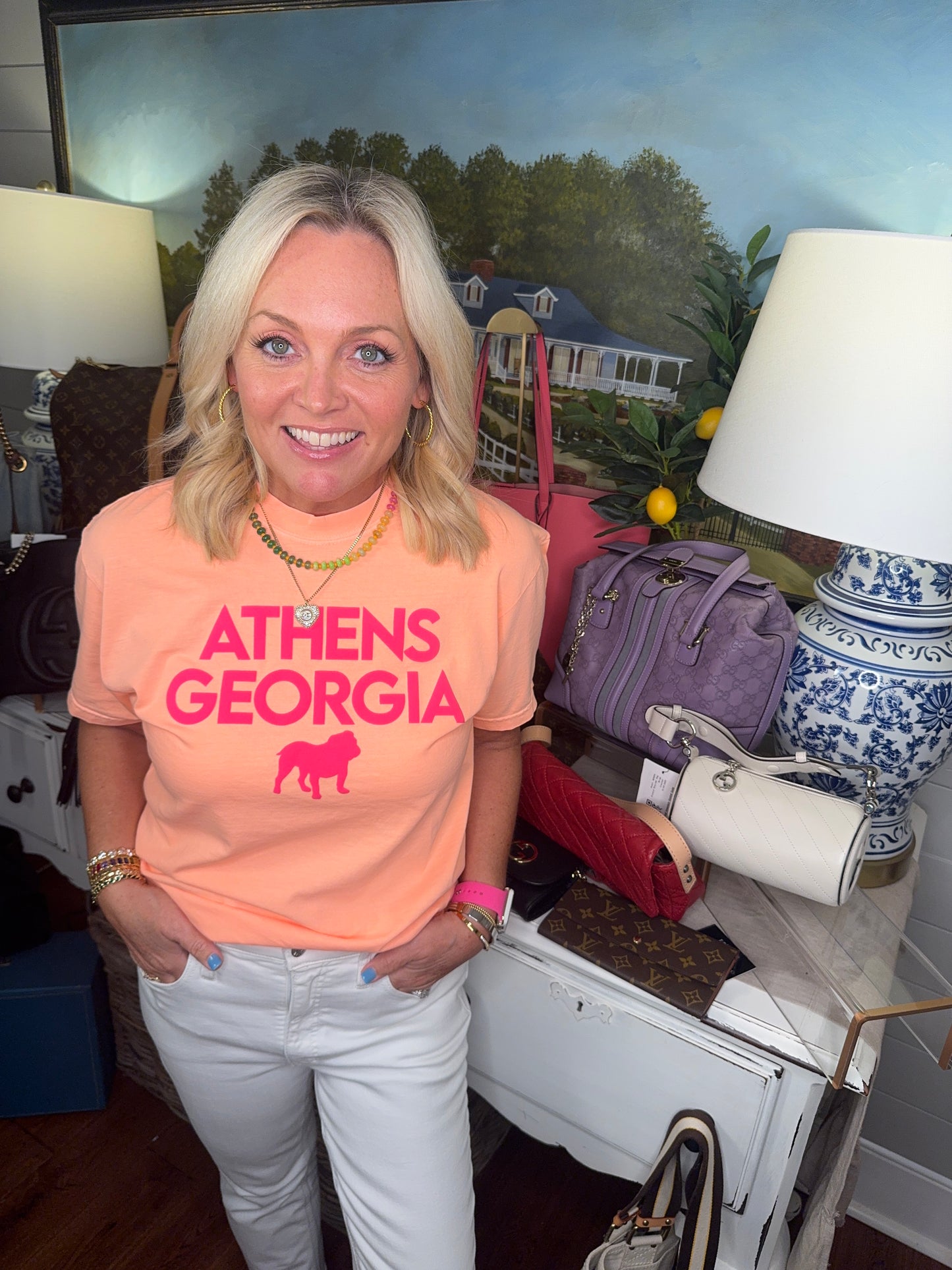 Neon orange peach shirt with hot pink Athens summer T-shirt