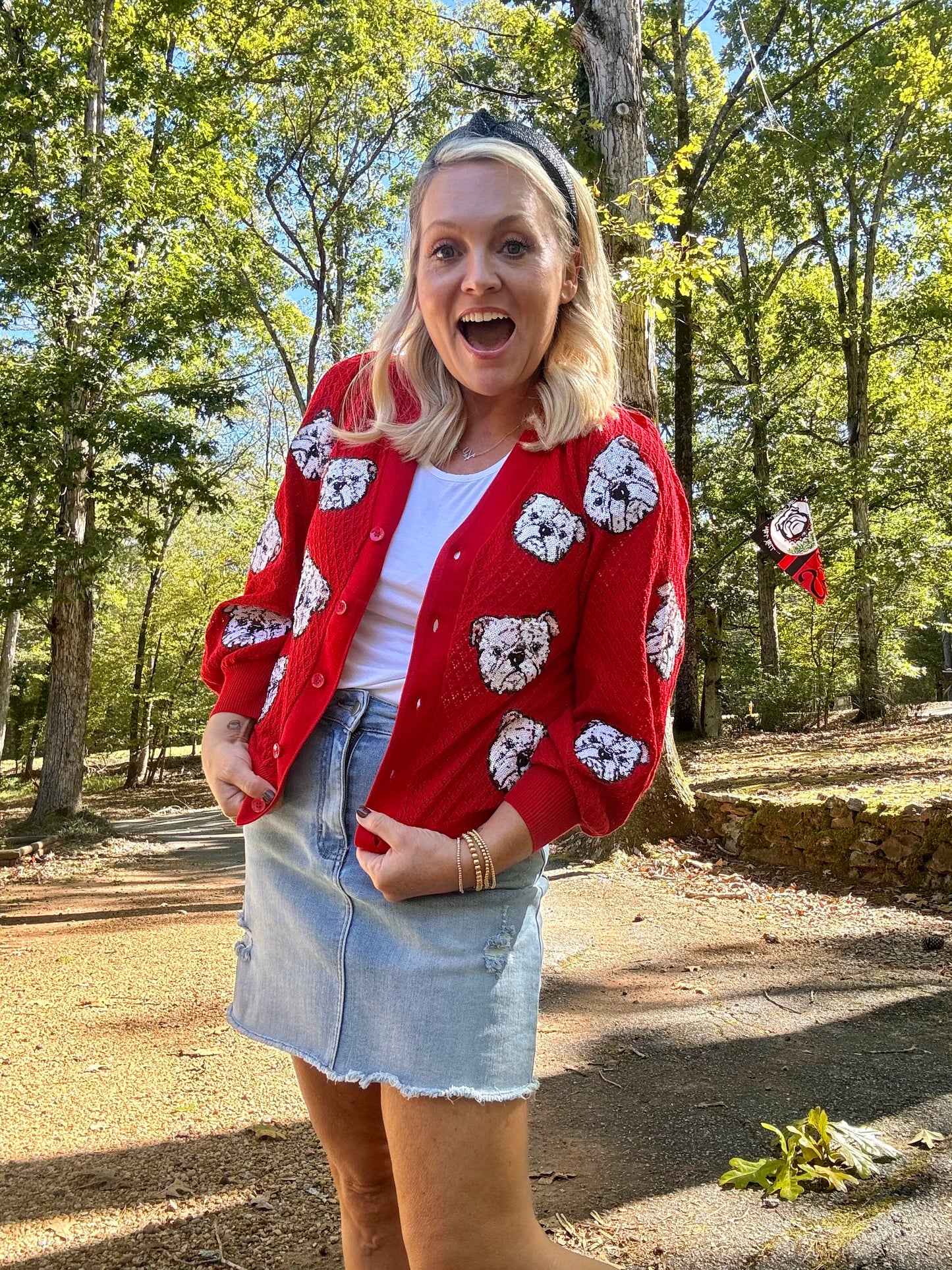 Sequin bulldog puff cardigan red UGA fall collection
