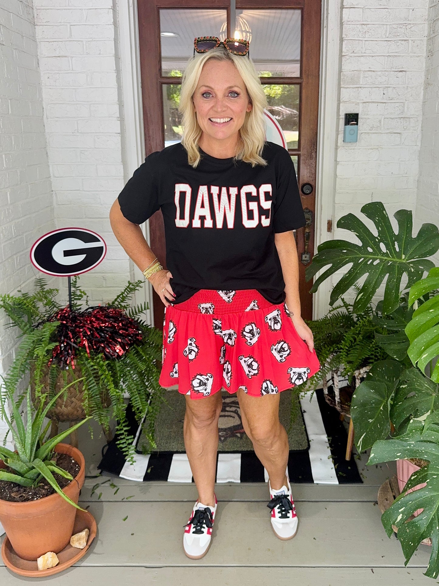 Red flowy shorts dog red black