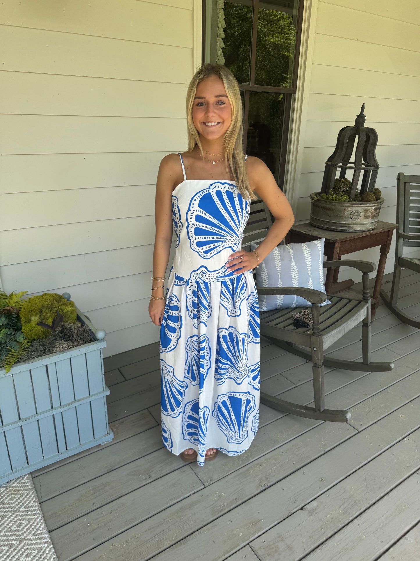 Summer long maxi dress blue and white shell marked down