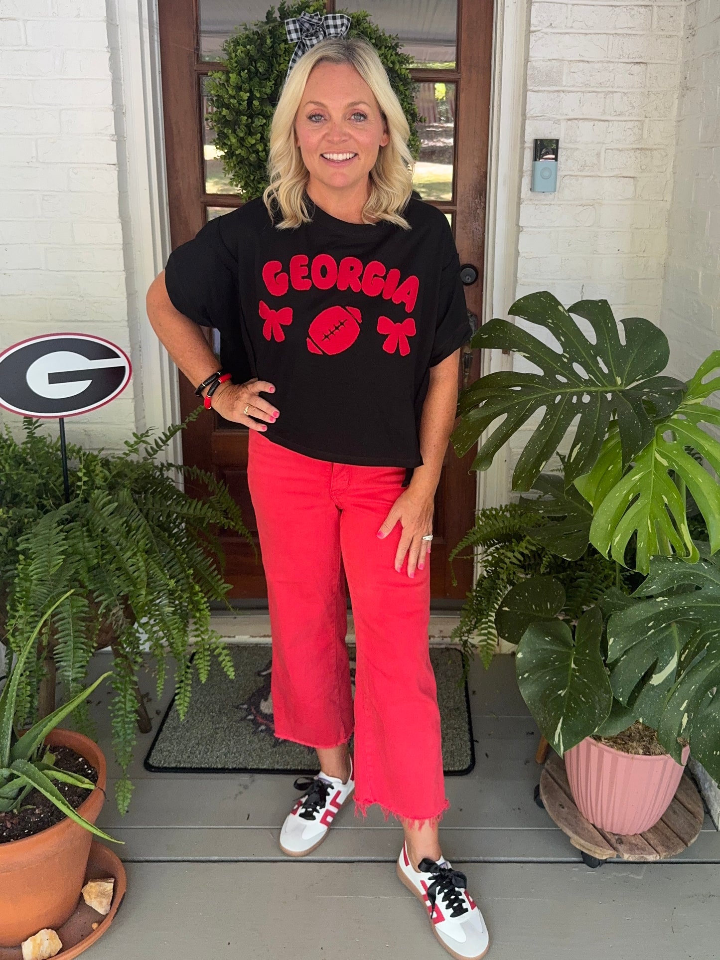 Oversized top slightly cropped black with red patches