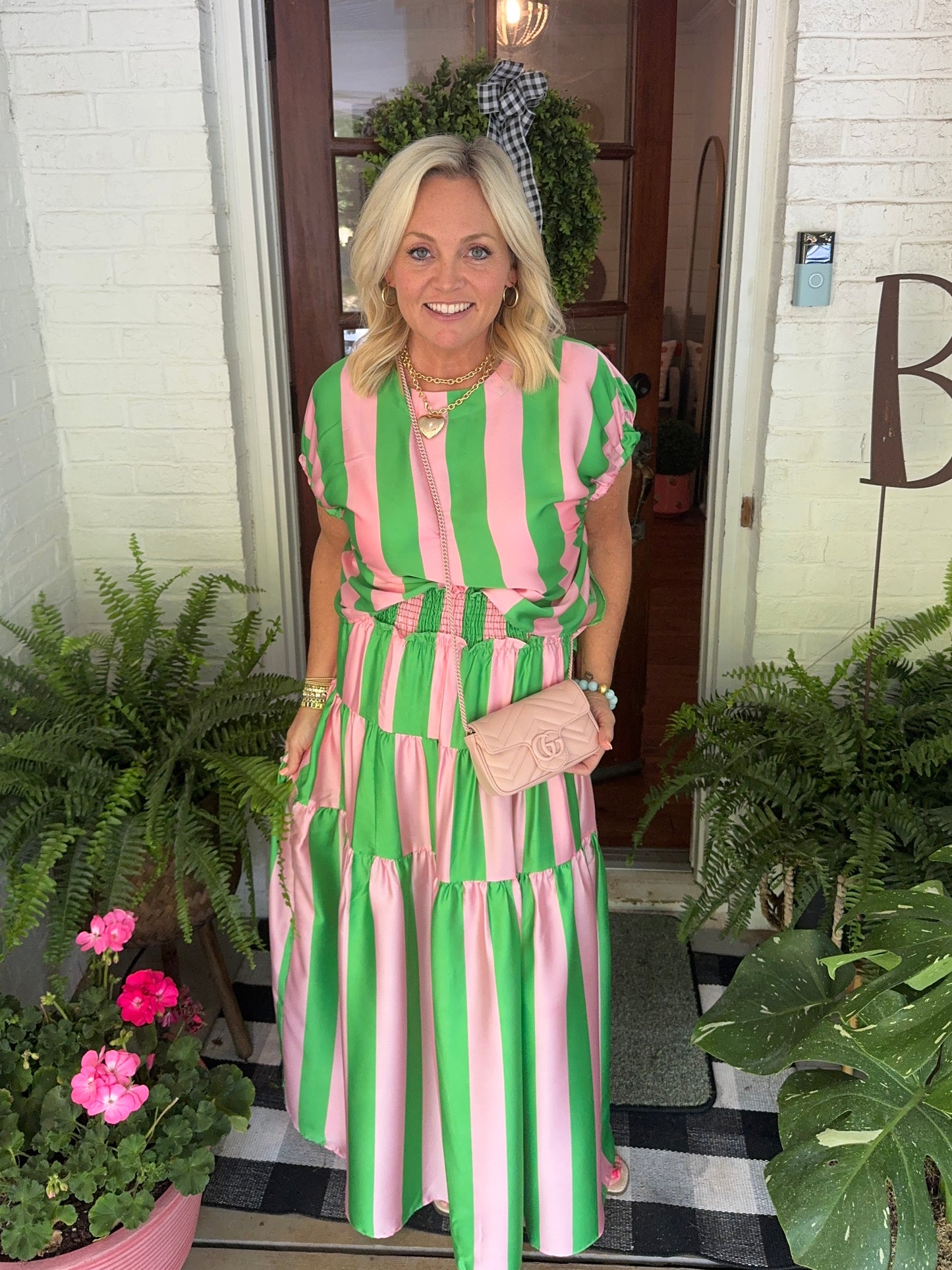 Summer green and pink striped top marked down