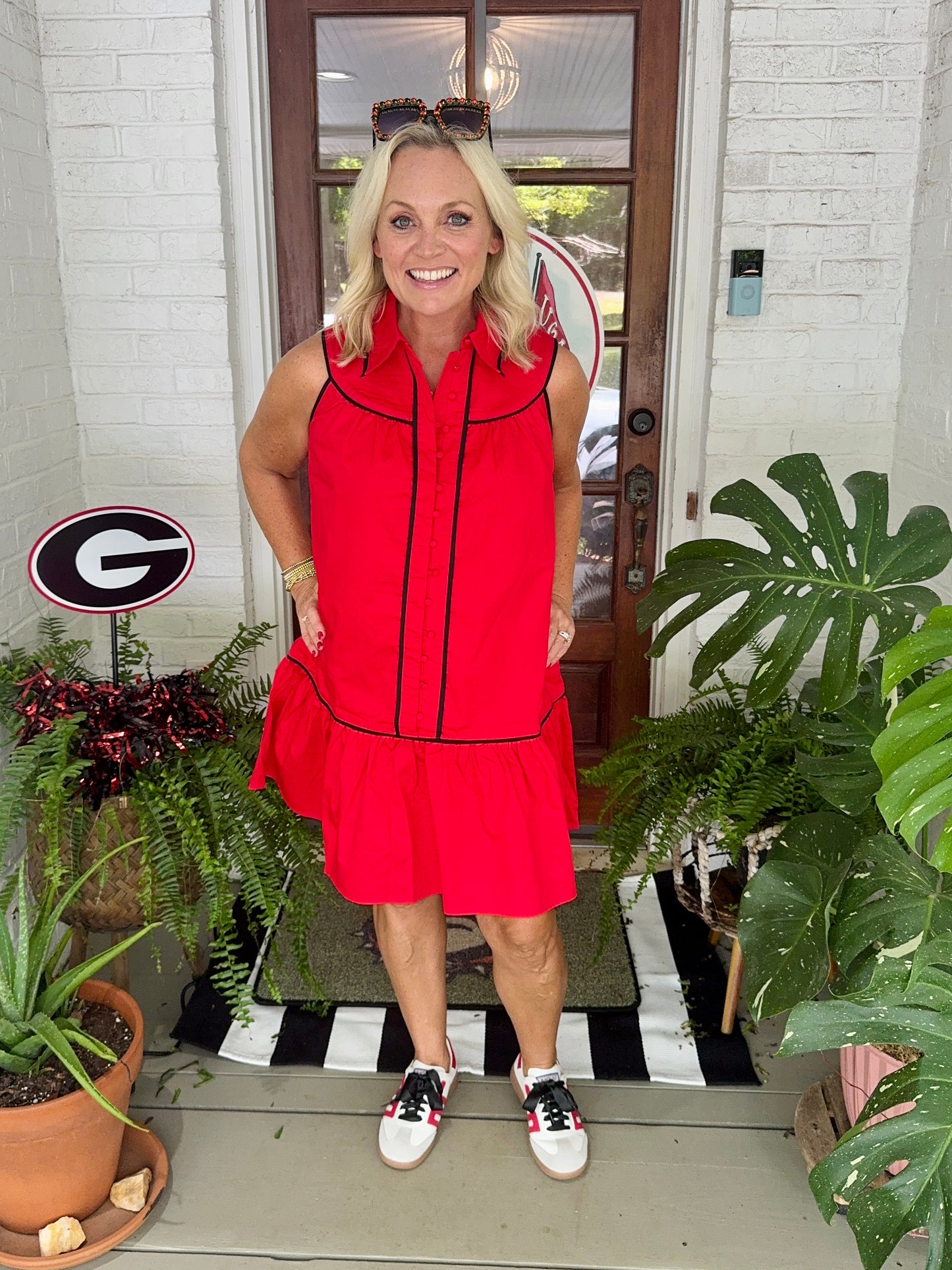 Collared shirt dress red with black trim