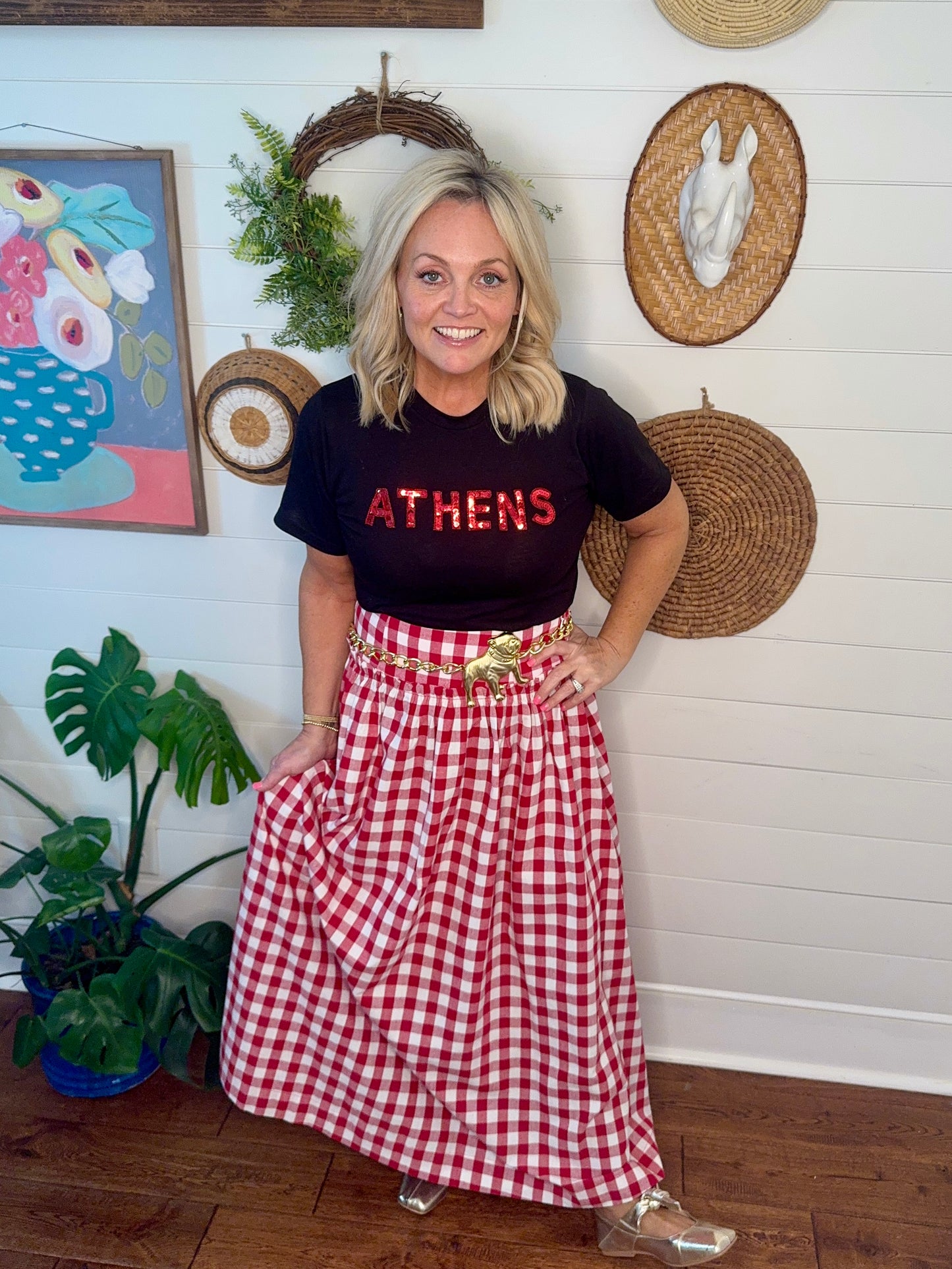 red and white checked skirt